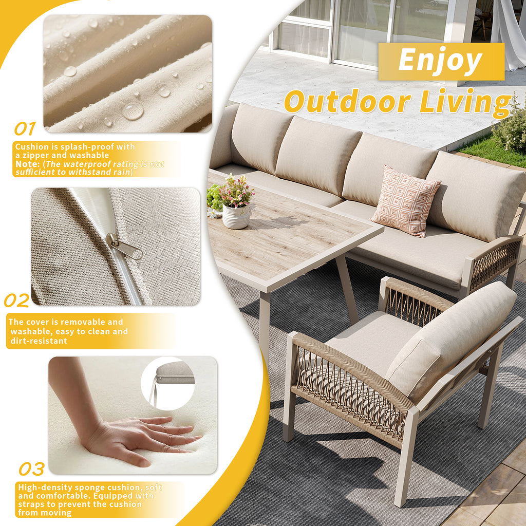 Garden Lounge Set, Furniture Set for 8 People, Ropework, Large Table with Wood Grain Finish, Galvanized Iron Frame, Adjustable Legs, All Seat and Back Cushions Included, Beige