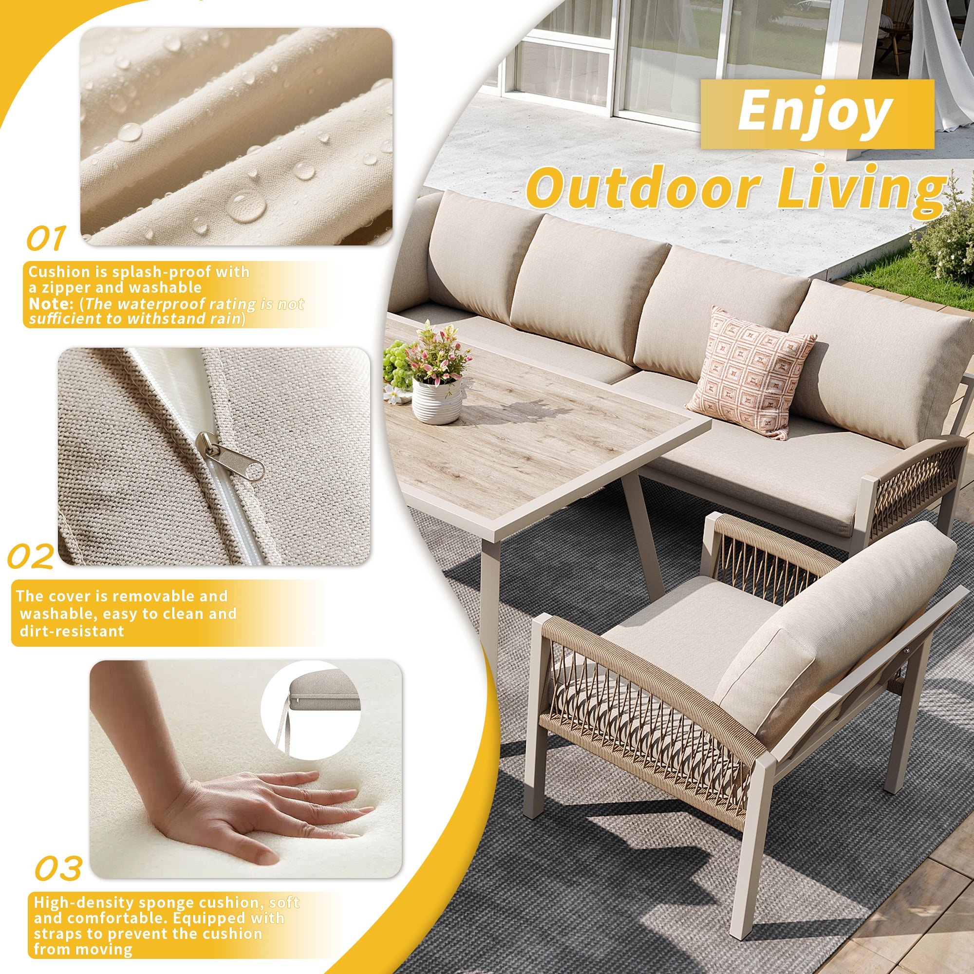 Garden Lounge Set, Furniture Set for 8 People, Ropework, Large Table with Wood Grain Finish, Galvanized Iron Frame, Adjustable Legs, All Seat and Back Cushions Included, Beige