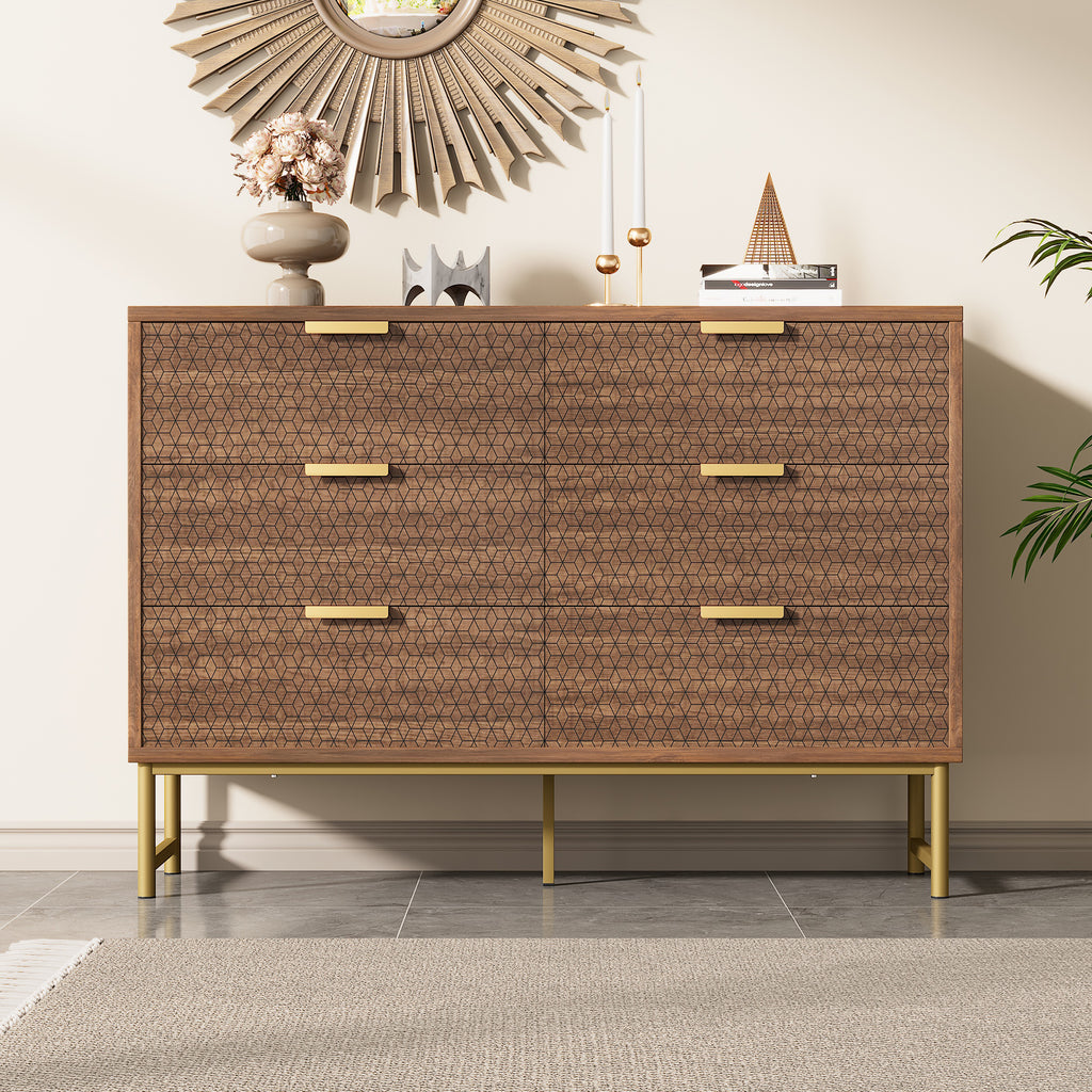 Embossed Design Sideboard Cabinet Dresser with 6 Drawers,  Anti-tip,  Sideboard for  Living Room, Hallway, Bedroom, and Children's Room, 120 x 40 x 75 cm, Walnut