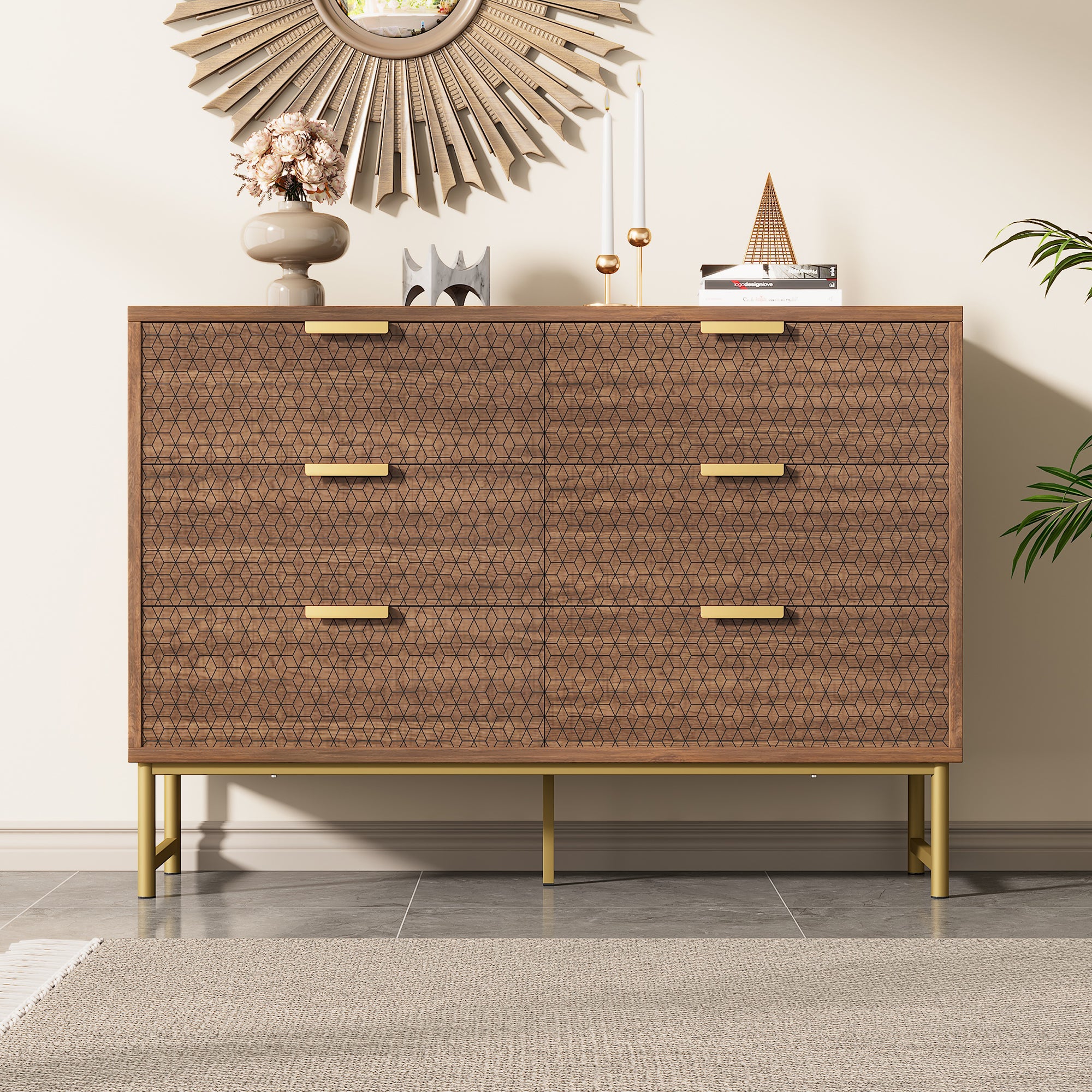 Embossed Design Sideboard Cabinet Dresser with 6 Drawers,  Anti-tip,  Sideboard for  Living Room, Hallway, Bedroom, and Children's Room, 120 x 40 x 75 cm, Walnut