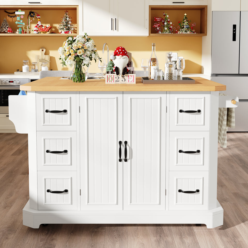 Mobile Kitchen Island Cart on Wheels - Cabinet with 2 Doors & 6 Drawers, Adjustable Width 45-75cm, White/Black