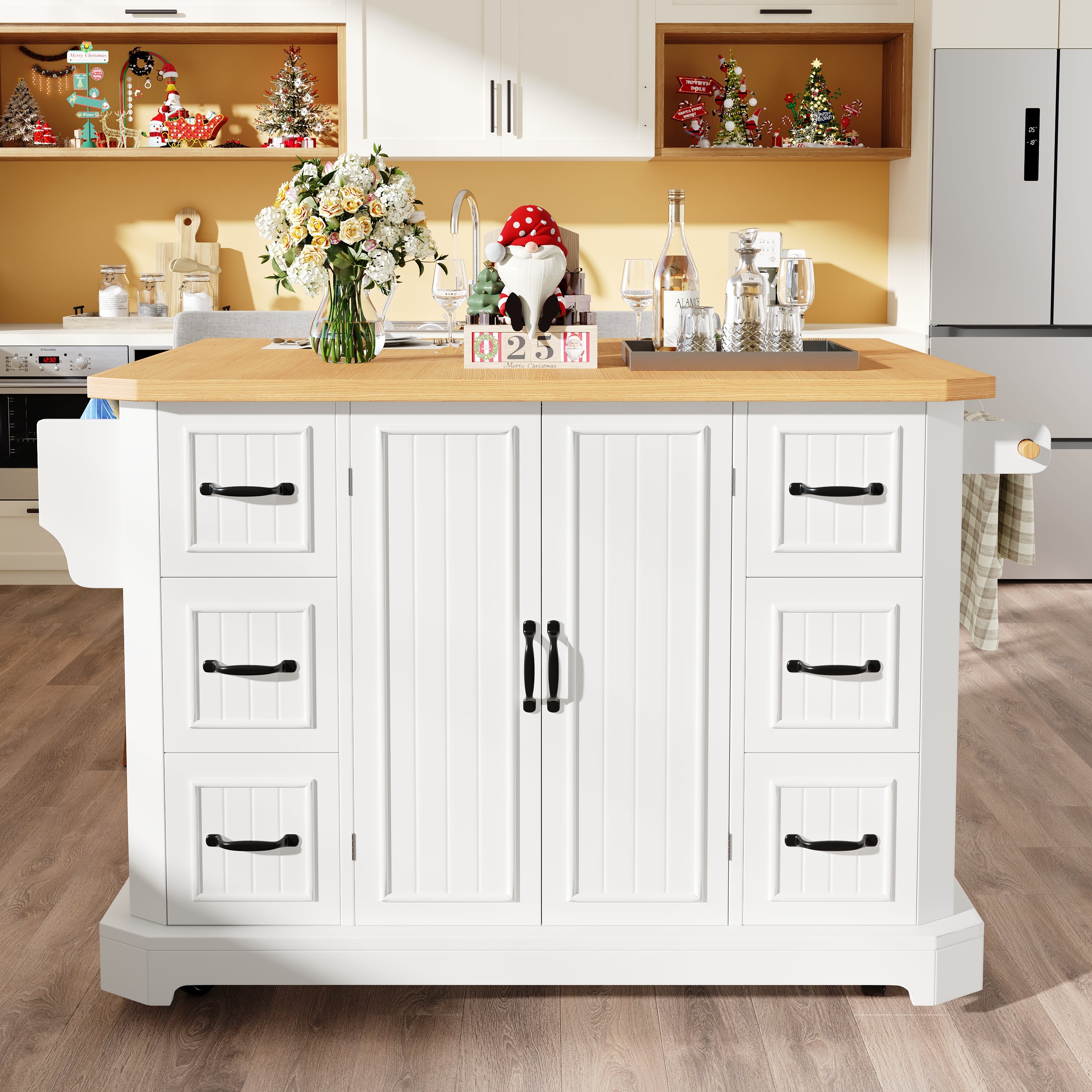 Mobile Kitchen Island Cart on Wheels - Cabinet with 2 Doors & 6 Drawers, Adjustable Width 45-75cm, White/Black