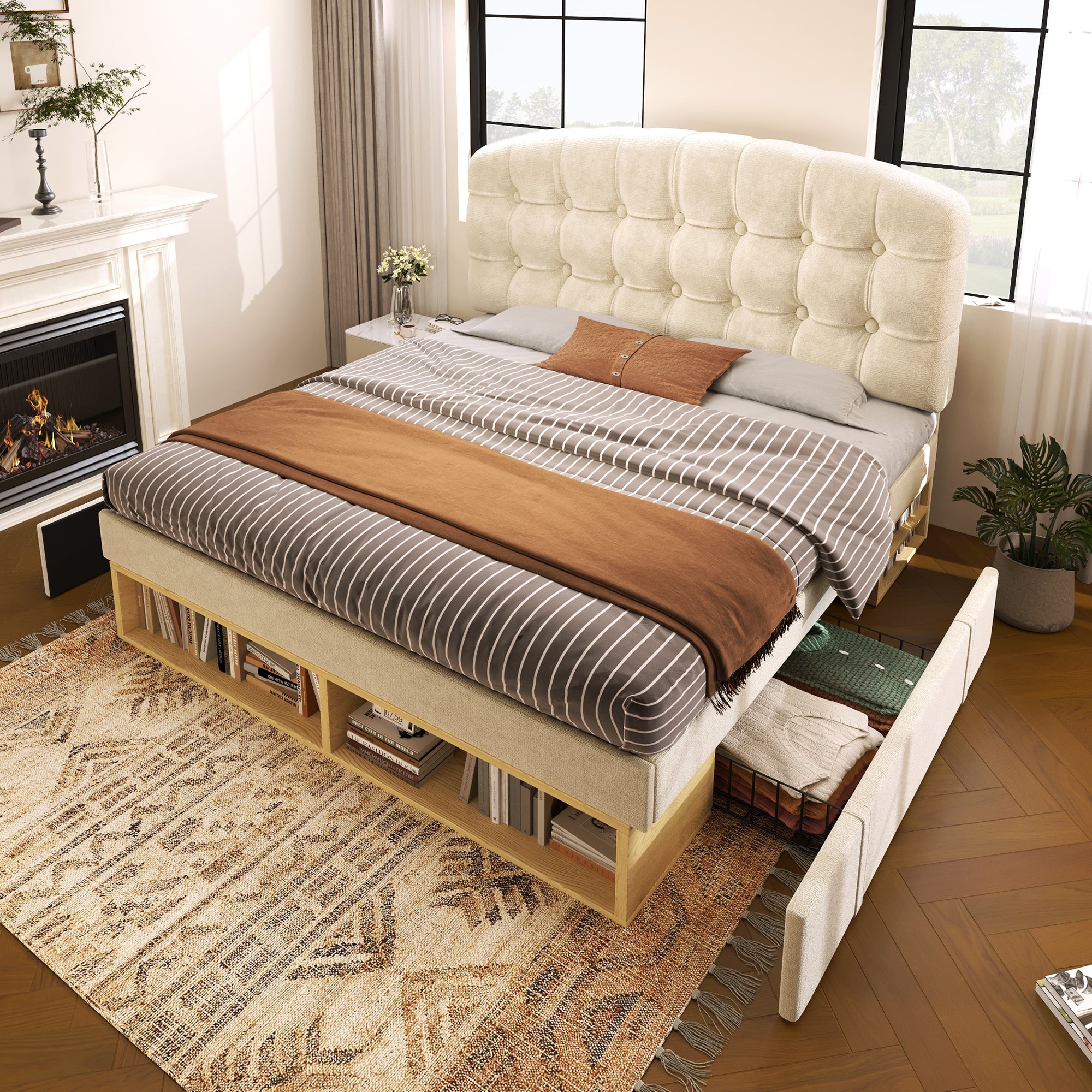 Upholstered Single Bed with Storage Compartments and Drawers, 3ft Single Bed with Adjustable Headboard, 90 x 190 cm, Velvet, Beige (No Mattress)