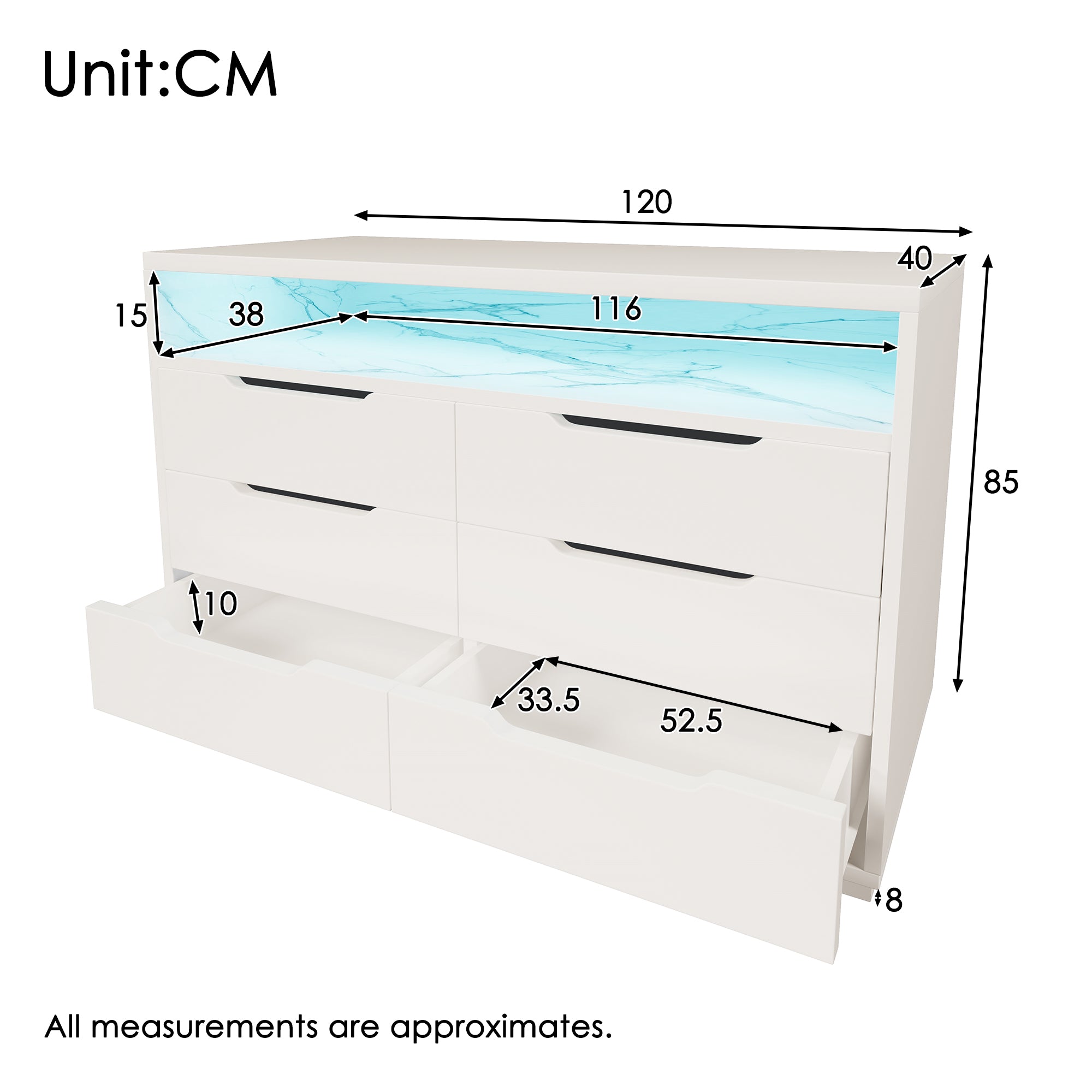 Marbled 6-Drawer Sideboard, Modern Storage Cabinet with RGB LED Lighting & Shelves, Chest of Drawers for Living Room Home Office, 85 x 120 x 40 cm, White