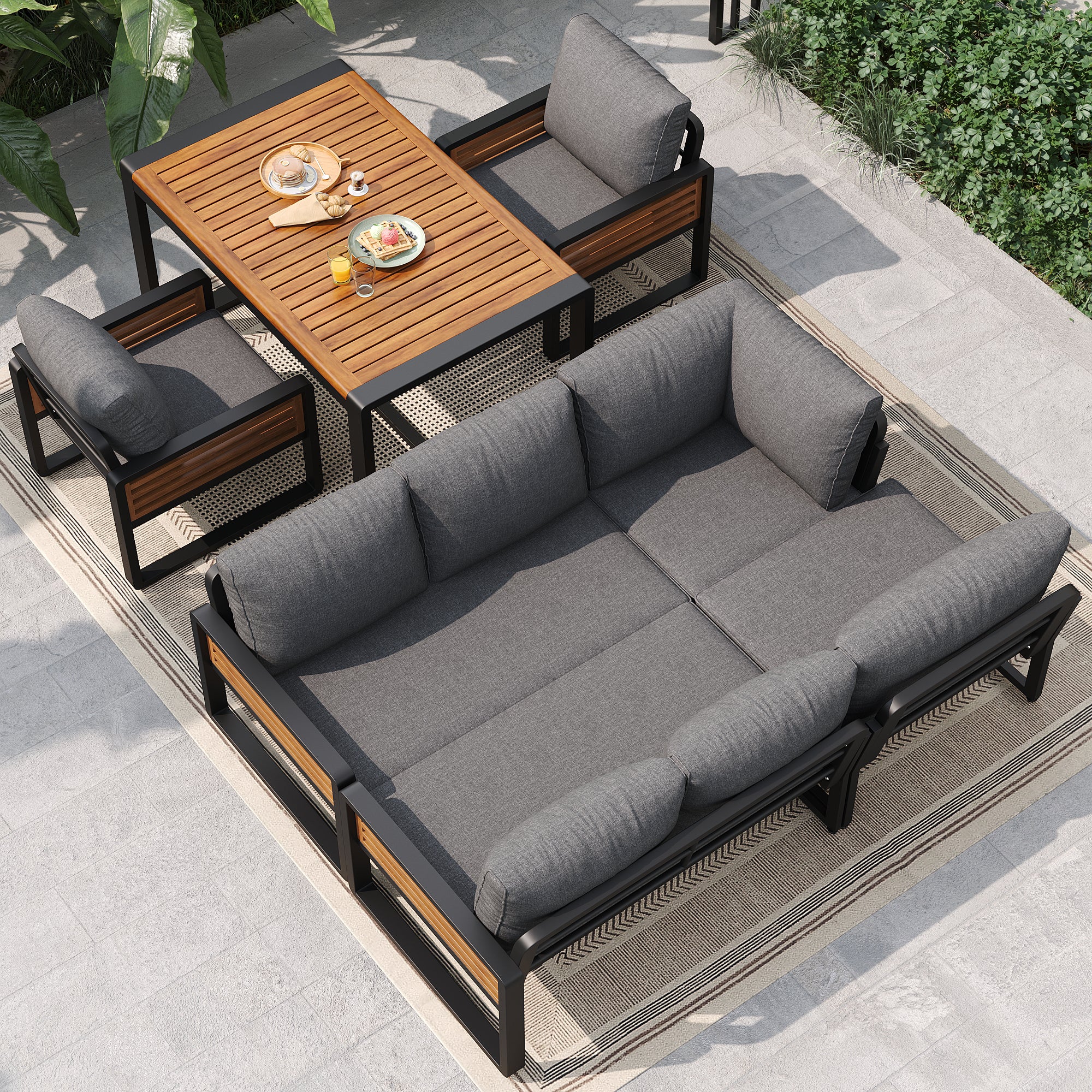 Garden lounge set, garden sofa with dining table made of solid wood, furniture set for 8 people, adjustable legs, all seat and back cushions included, gray