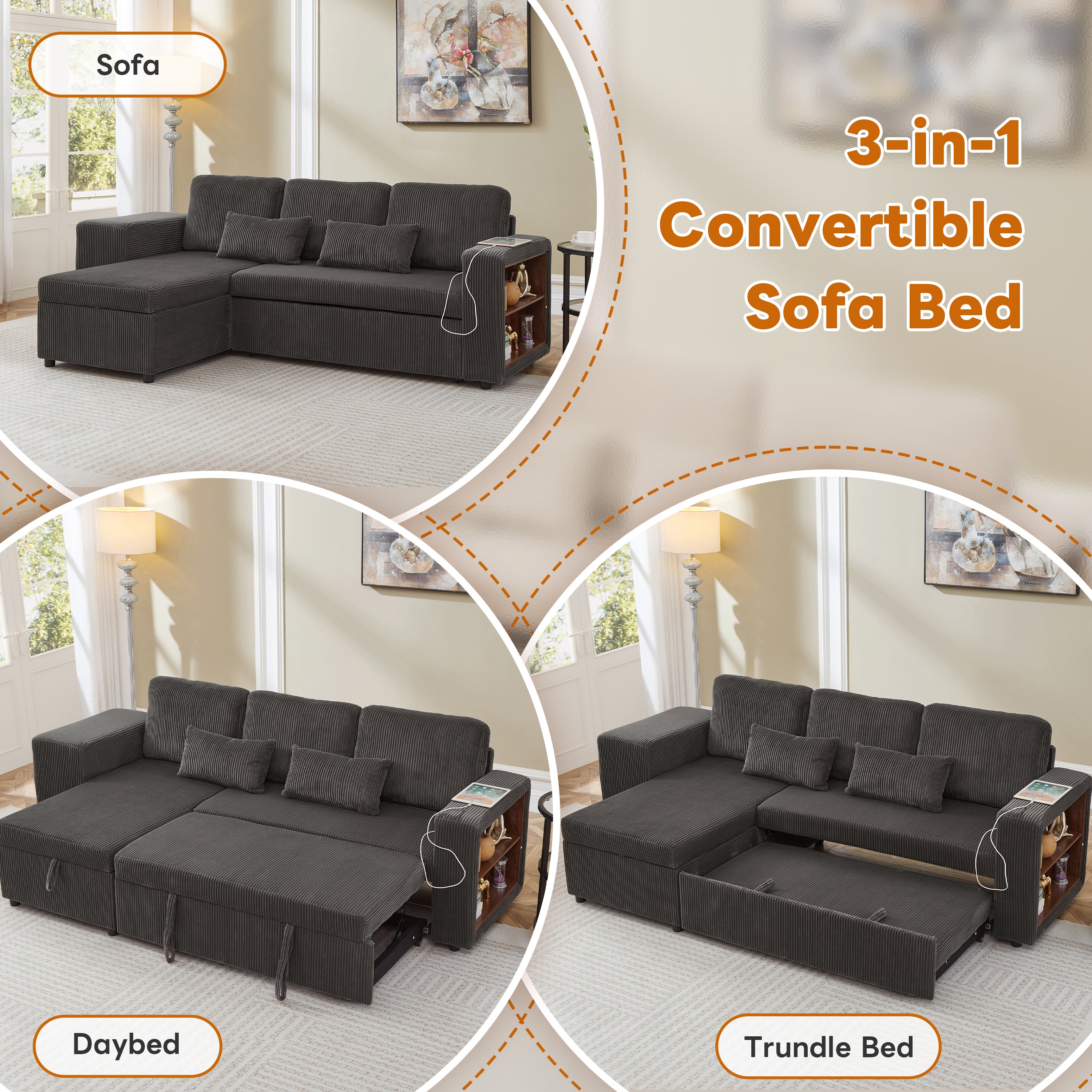 Modern L-Shaped Convertible Sofa Bed, 3-in-1 Convertible Sofa Bed with Internal Storage Chaise, Nesting Footstools, Integrated Charging Station & Adjustable Armrest Side Storage, Corduroy Fabric, Grey