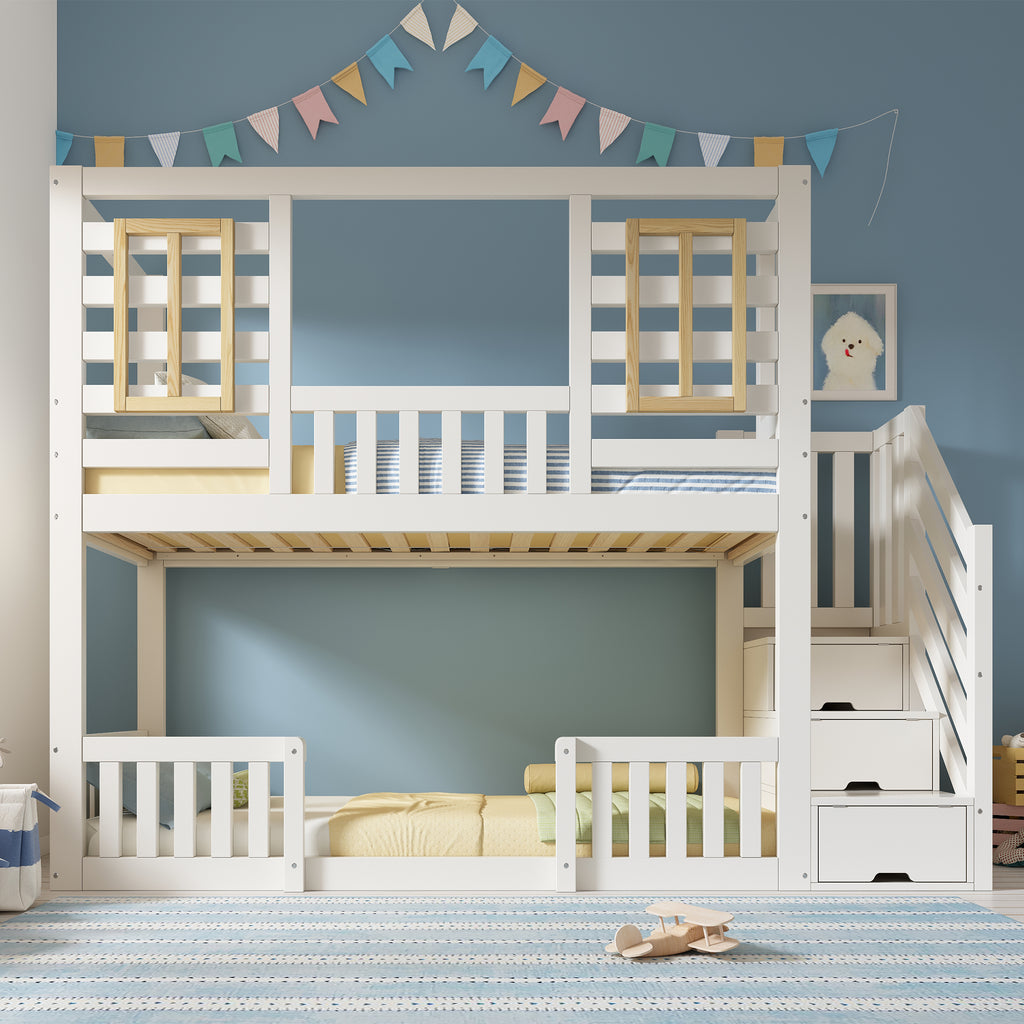 Bunk Beds for Kids, Wooden Cabin Bed with Staircase Storage, Multi-functional Tree-house Bed, Children's House Bed, Twin Sleeper (90+90) x 190 cm, Solid Wood, White