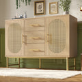 (=TT20604041A) Rattan Sideboard Storage Cabinet  with 2 Doors 3 Drawers, Storage Cabinet for Living Room, Bedroom, and Hallway, Metal Handles, Adjustable Shelves, Anti-Tip, 120 x 40 x 74 cm, Oak