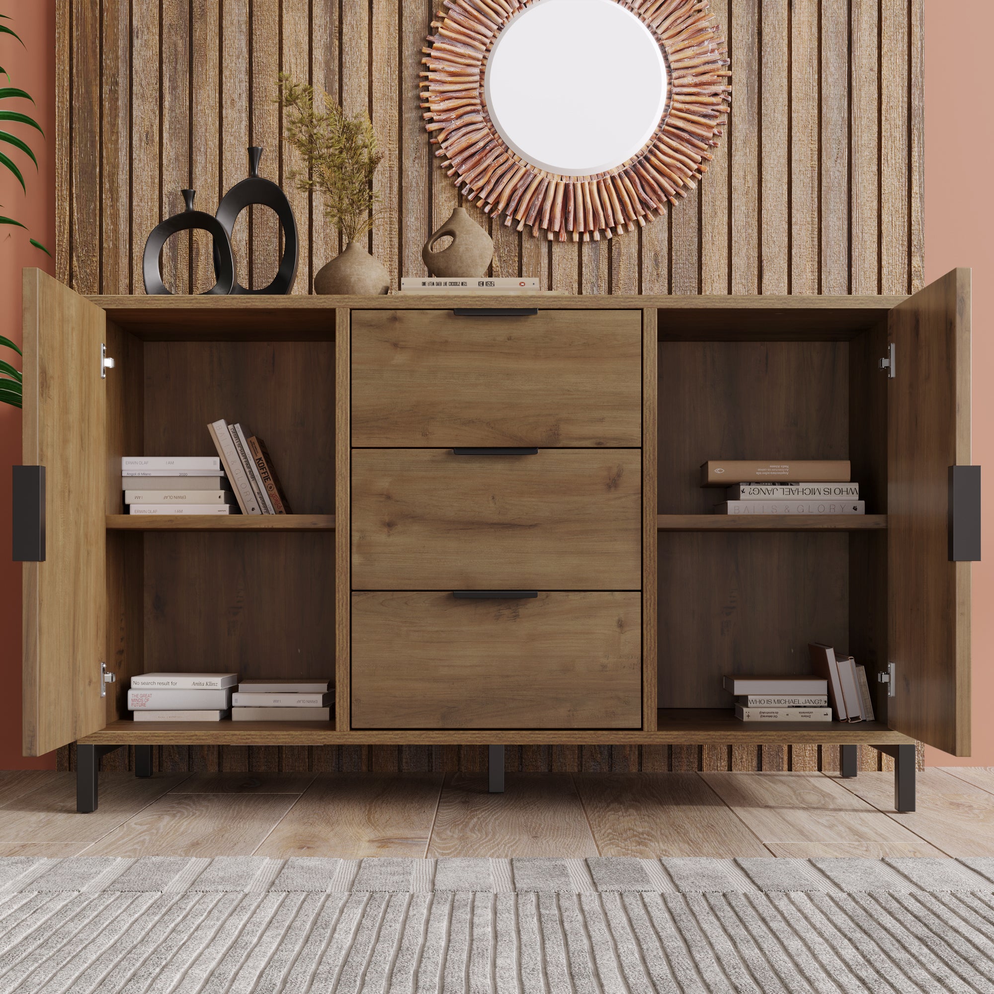 Sideboard Cabinet for Living Room, Chest of Drawers with 2 Doors and 3 Drawers, Adjustable shelf, Dark Oak, 40D x 120W x 76H cm