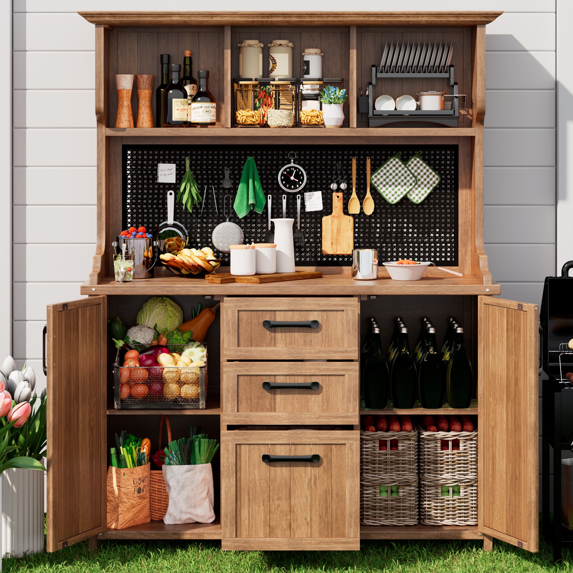 Wooden garden cabinet, garden tool cabinet made of solid fir wood – freestanding cabinet with 3 drawers, 3 compartments, metal pegboard and adjustable shelves