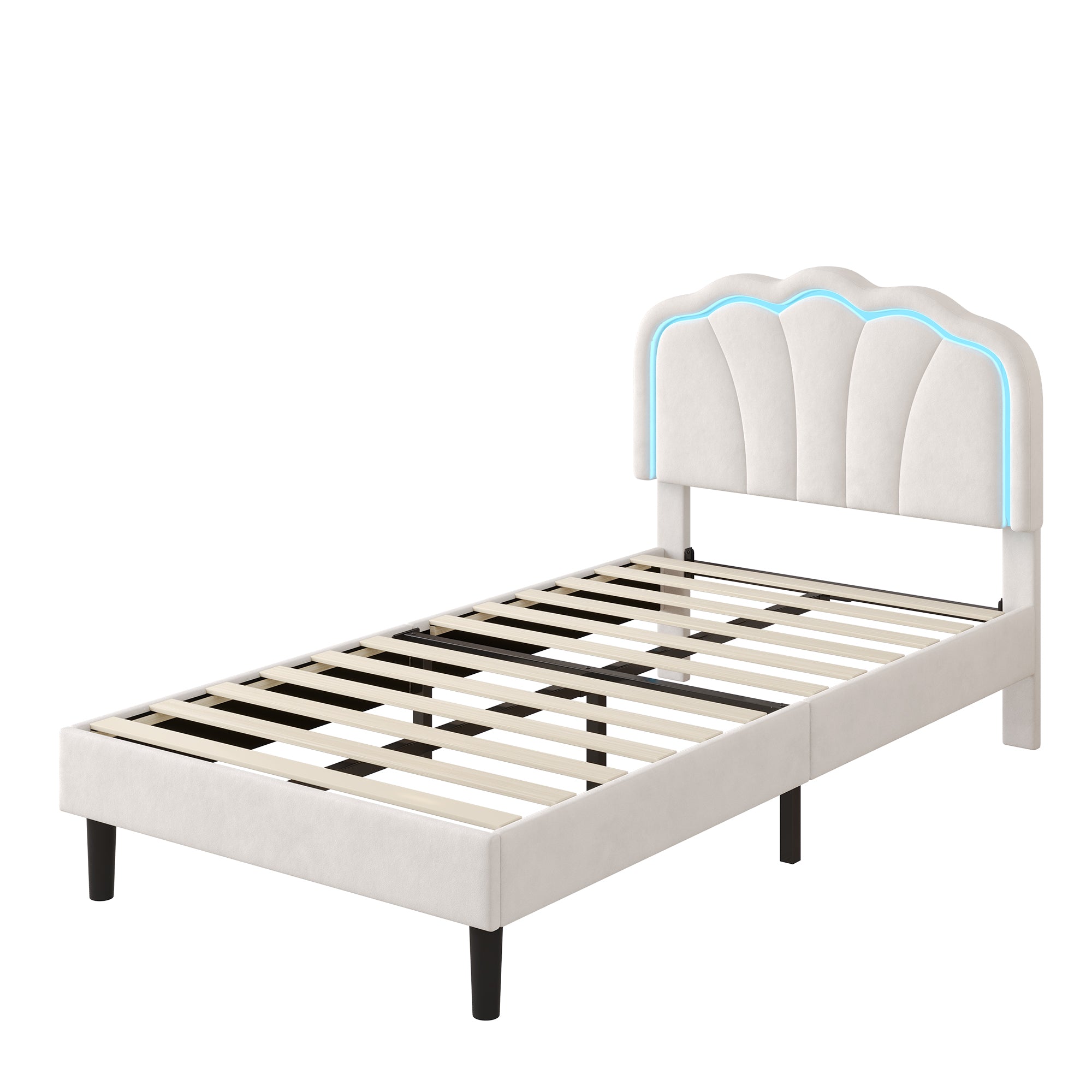 3ft Single Upholstered Bed with LED Adjustable Shell Shape Headboard, Soft Velvet Bed Frame with Solid Wood Slat, No Box Spring Needed, Easy Assembly, Cream White (No Mattress)