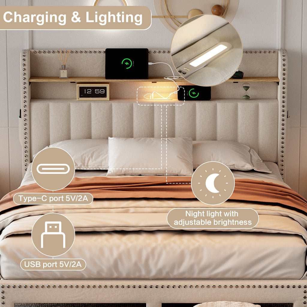 4ft6 Double Upholstered Bed with 2 Storage Drawers, Riveted Storage Bed with Charging and Lighting, Linen Platform Bed Frame No Box Spring Needed, Easy Assembly, Beige (No Mattress)