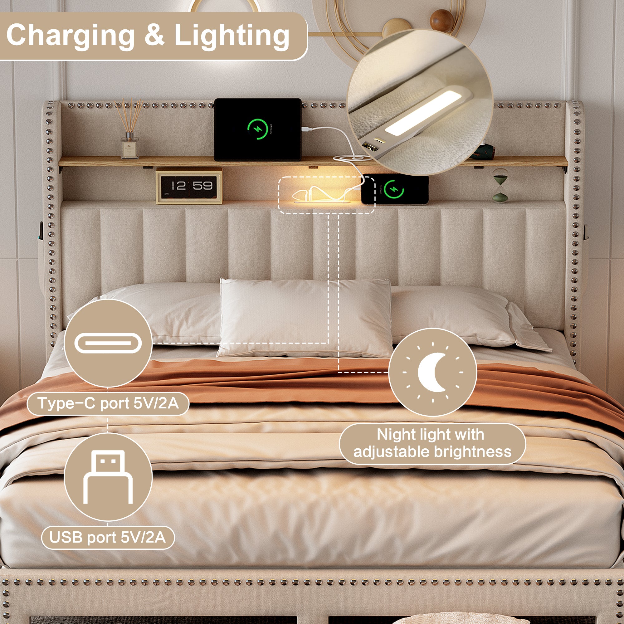 4ft6 Double Upholstered Bed with 2 Storage Drawers, Riveted Storage Bed with Charging and Lighting, Linen Platform Bed Frame No Box Spring Needed, Easy Assembly, Beige (No Mattress)