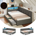 3ft Single Daybed with Two Storage Drawers, LED Modern Bed frame with Charging Station, Linen Sofa Bed for Living Room/ Bedroom/ Study Room, 90X190cm, Easy Assembly, Grey (No Mattress)