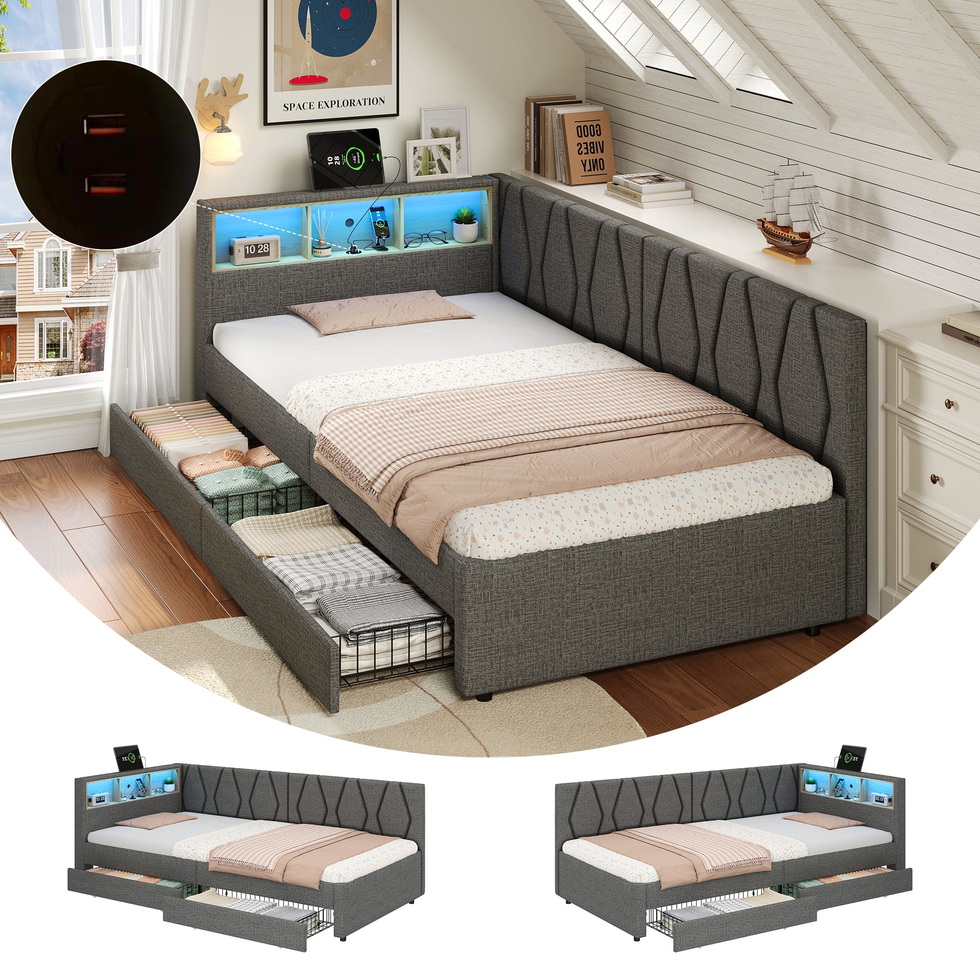 3ft Single Daybed with Two Storage Drawers, LED Modern Bed frame with Charging Station, Linen Sofa Bed for Living Room/ Bedroom/ Study Room, 90X190cm, Easy Assembly, Grey (No Mattress)