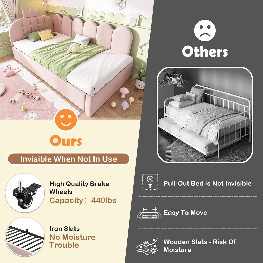 Upholstered Daybed with Pull-Out Bed, Crown-shaped Trundle Bed, 3FT Single Sofa Bed 90 x 190 cm, Guest Beds for Adults & Children, Bed with Metal Slatted Frame, Velvet, Pink (No Mattress)