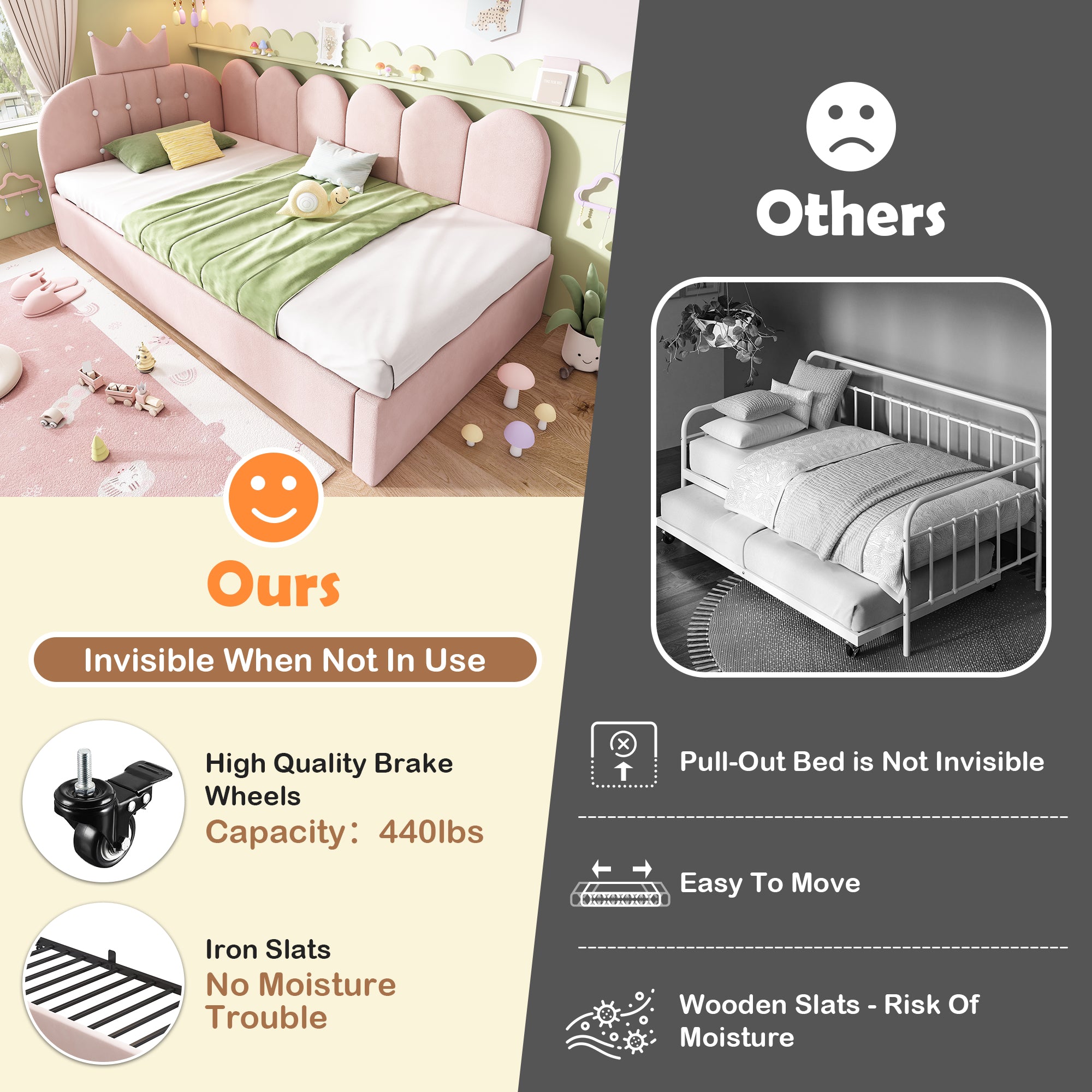 Upholstered Daybed with Pull-Out Bed, Crown-shaped Trundle Bed, 3FT Single Sofa Bed 90 x 190 cm, Guest Beds for Adults & Children, Bed with Metal Slatted Frame, Velvet, Pink (No Mattress)