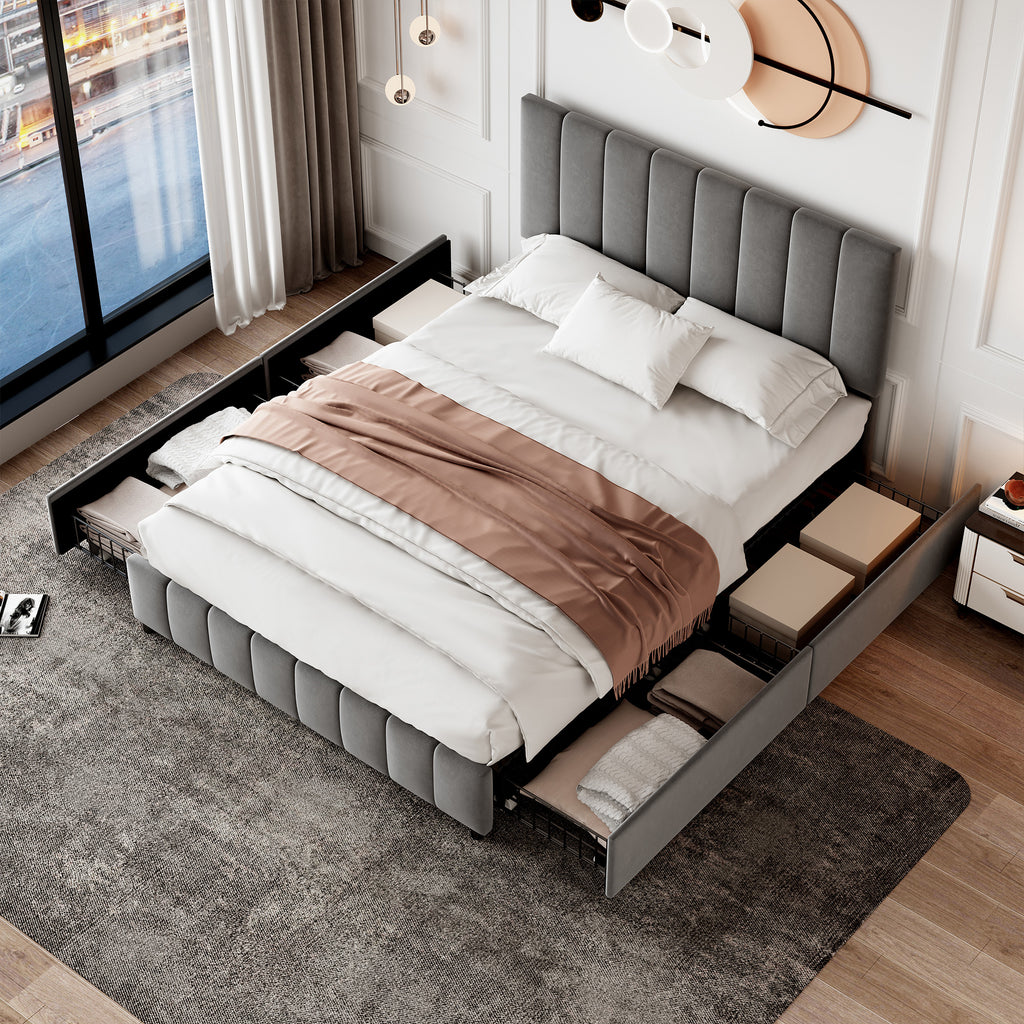 4ft6 Double Upholstered Bed with 4 Storage Drawers, Velvet Platform Bed Frame with Adjustable Channel Tufted Headboard, Metal-Wood Support, No Box Spring Needed, Easy Assembly, Grey (No Mattress)