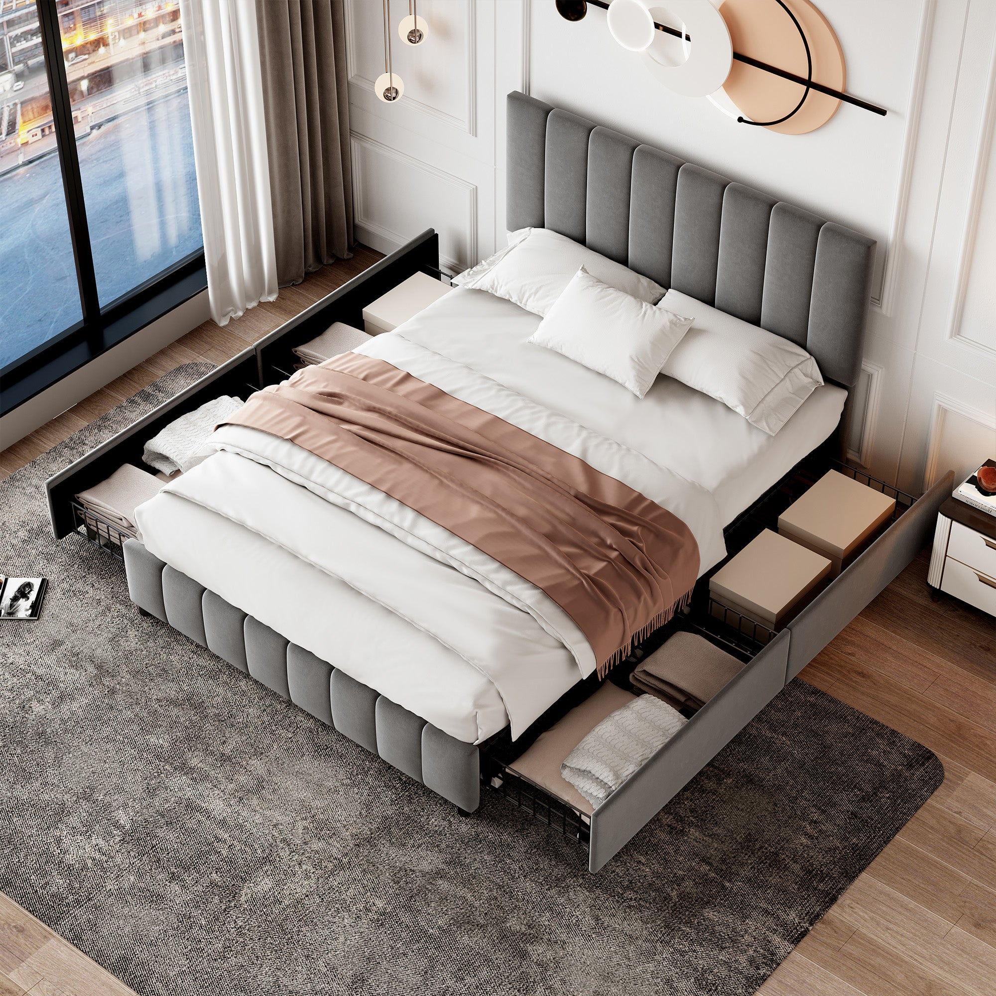 4ft6 Double Upholstered Bed with 4 Storage Drawers, Velvet Platform Bed Frame with Adjustable Channel Tufted Headboard, Metal-Wood Support, No Box Spring Needed, Easy Assembly, Grey (No Mattress)