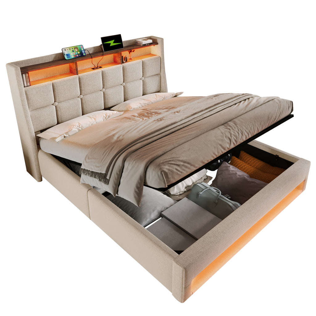 Upholstered Double Bed 135 x 190 cm with LED Lighting, USB Type-C Charging Function, Storage Headboard, 4FT6 Double Bed Storage Bed Frame with Metal Slatted Frame, Linen, Beige (No Mattress)