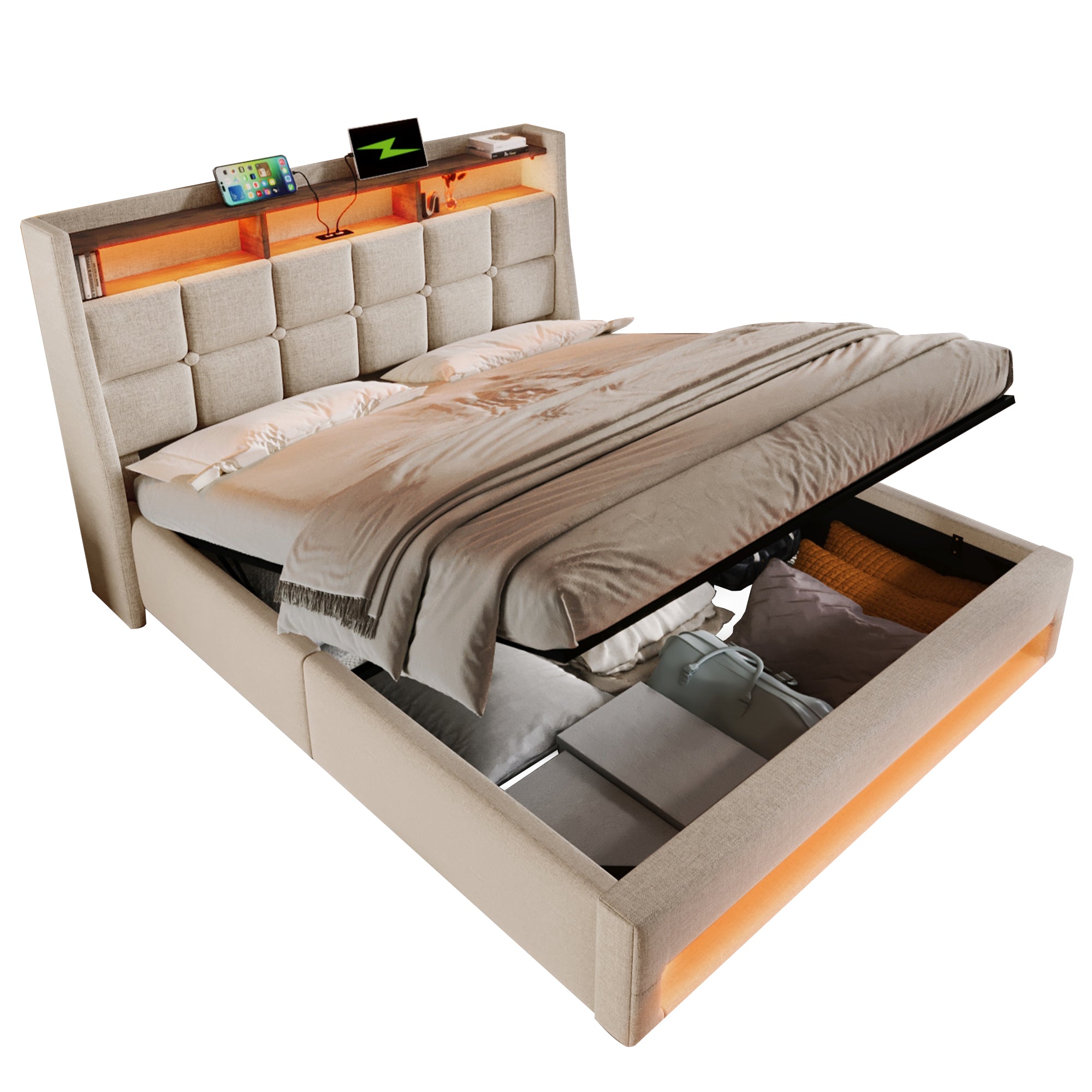 Upholstered Double Bed 135 x 190 cm with LED Lighting, USB Type-C Charging Function, Storage Headboard, 4FT6 Double Bed Storage Bed Frame with Metal Slatted Frame, Linen, Beige (No Mattress)