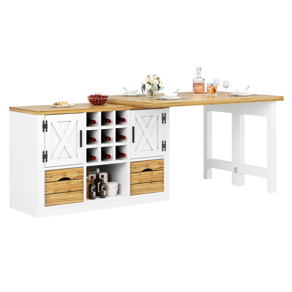 Extendable kitchen island dining table, Multifunctional dining table with sideboard, 360° rotating tabletop, extendable kitchen table with ample storage space, living room wall unit, white
