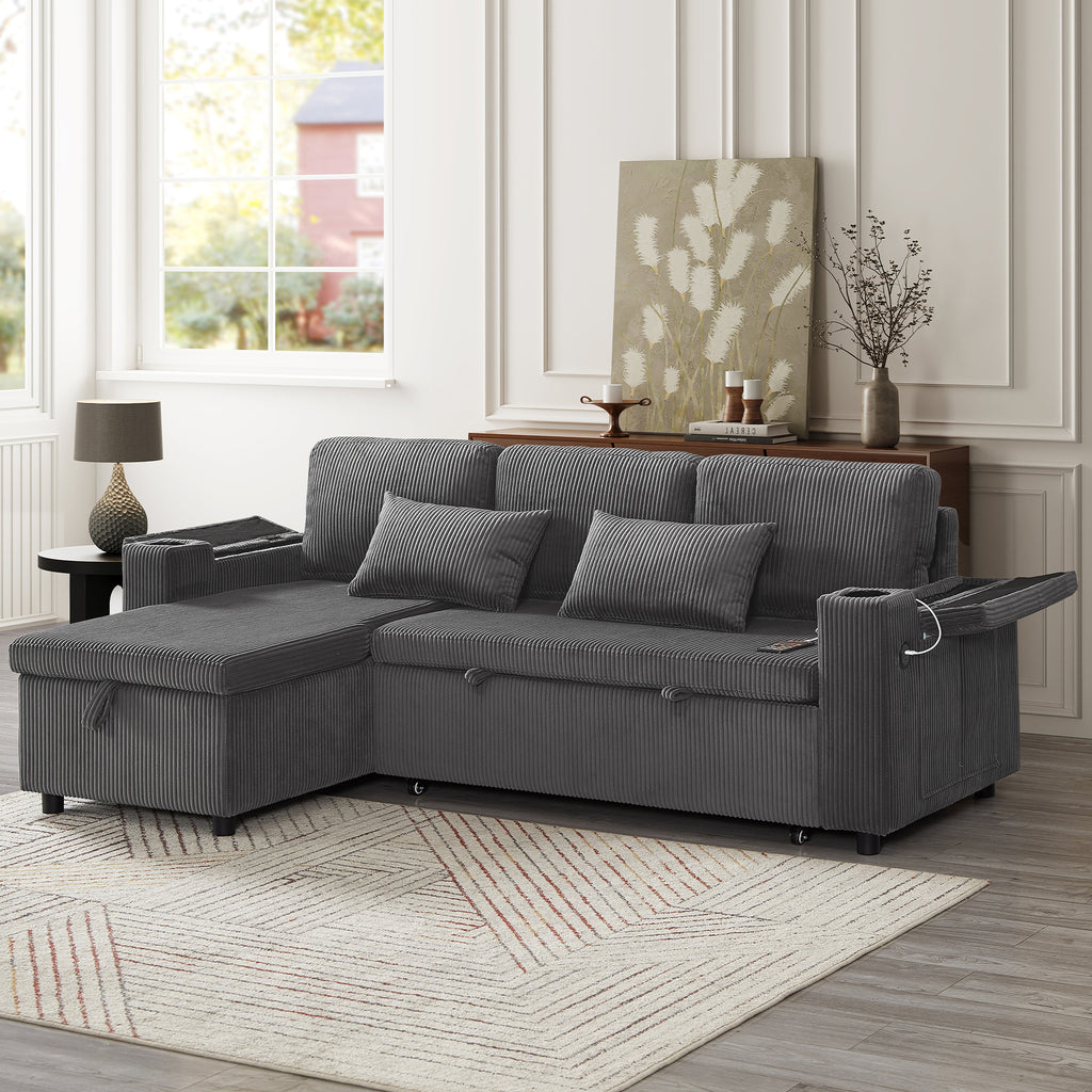 3 in 1 Convertible Corduroy Sofa Bed with Storage Chaise, L Shaped Sleeper Sofa Couches with Armrest Storage and Charging Station. Pullout Sectional Daybed for Living Room/Bedroom/Office, Grey