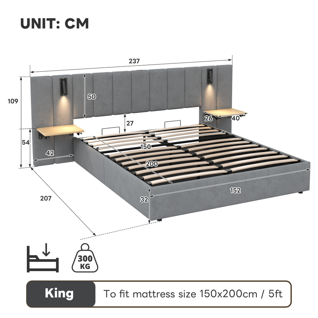King Upholstered Bed with Charging Station, Velvet Hydraulic Storage Bed with Reading Light, 5ft King Bed Frame with Channel Tufted Headboard and Adjustable Bedside Shelf, Grey (No Mattress)