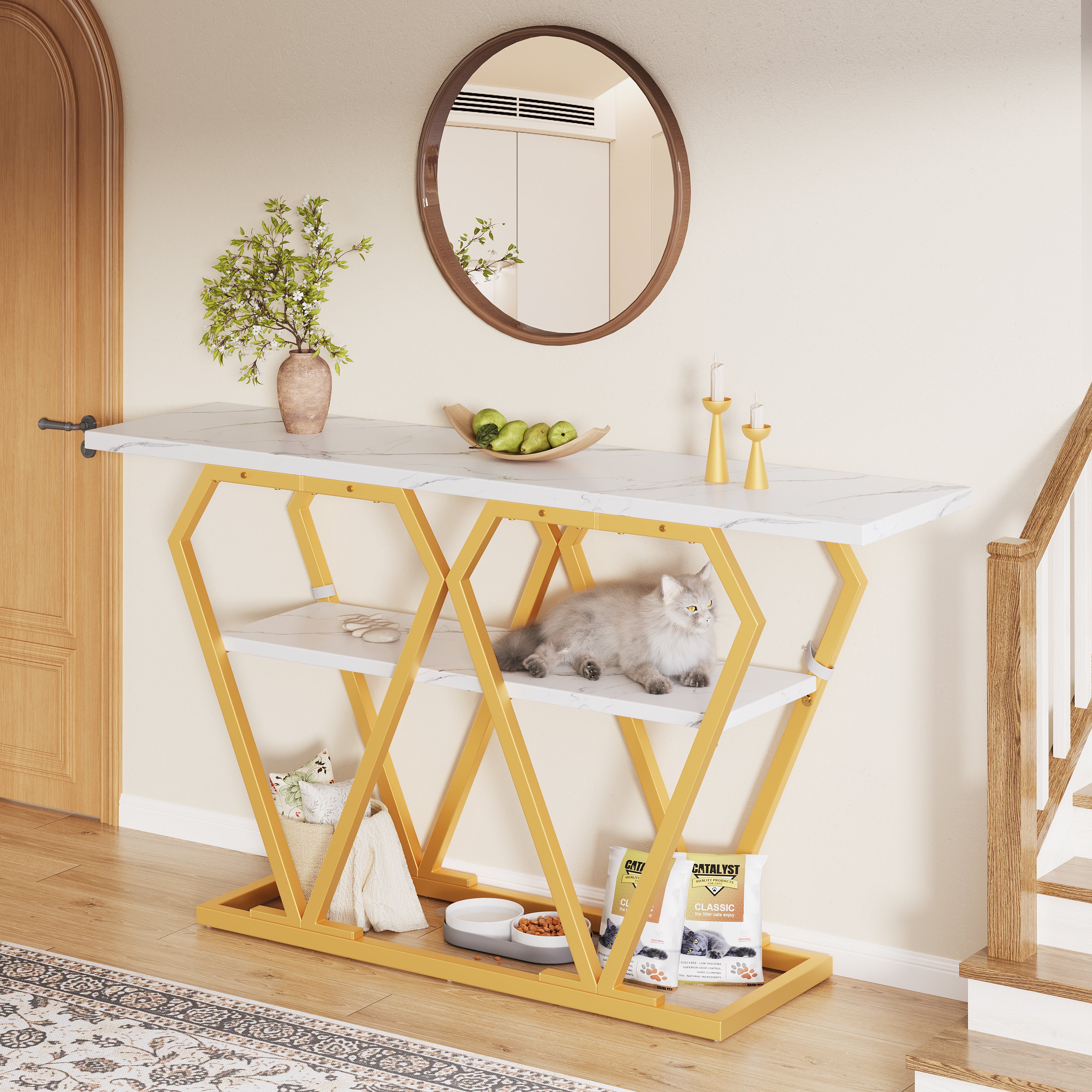 Console table (1 piece) - 120 x 29.5 x 80 cm - Dining & kitchen table, balcony table - Wooden table with marble-look top