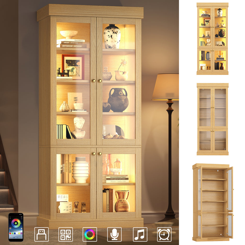 Modern freestanding cabinet with integrated LED mood lighting, glass display case, well-designed interior layout and anti-tip protection; stable, safe and versatile for the home; natural brown.