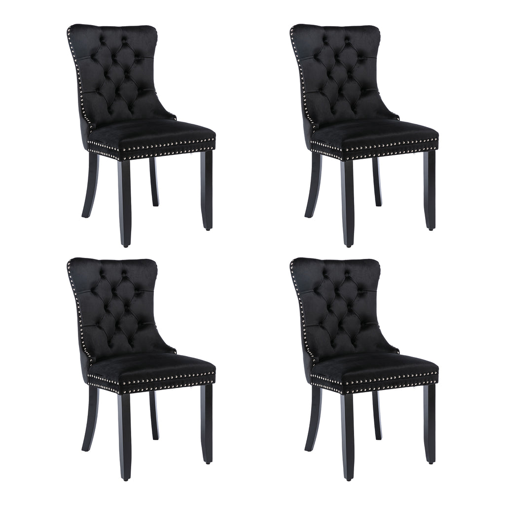 Modern Set of 4 Upholstered Velvet Dining Chairs, Button Tufted Kitchen Lounge Chairs with Solid Wood Legs, Riveted Trim and Knocker Ring, for Dining Room Living Room, Black