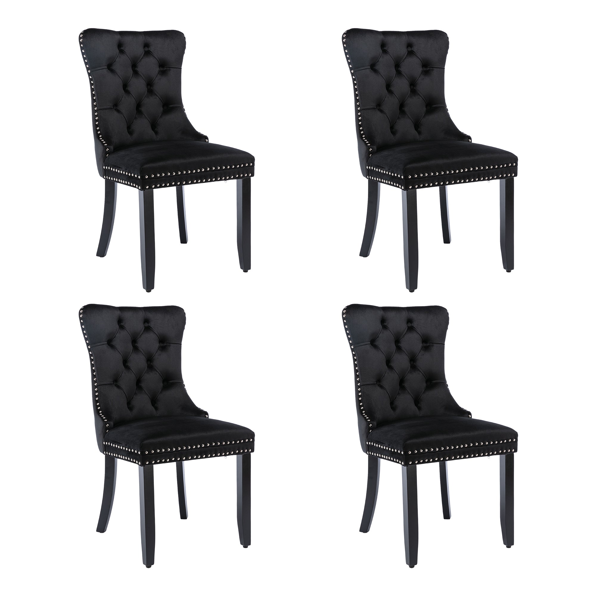 Modern Set of 4 Upholstered Velvet Dining Chairs, Button Tufted Kitchen Lounge Chairs with Solid Wood Legs, Riveted Trim and Knocker Ring, for Dining Room Living Room, Black