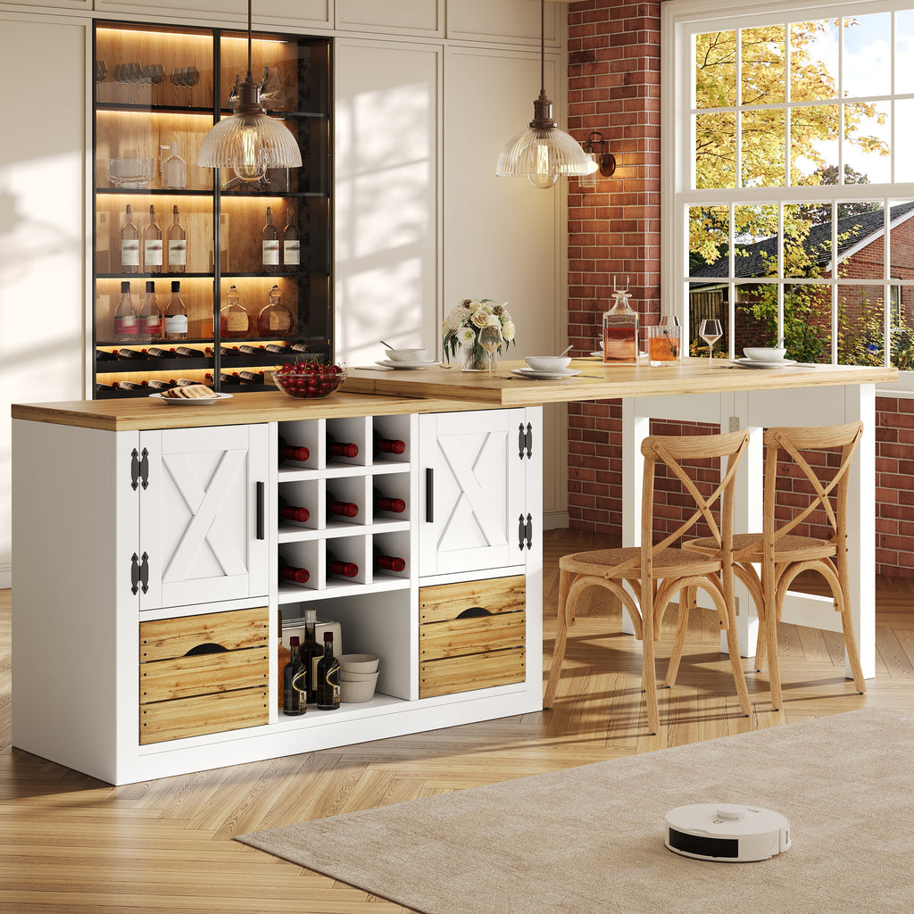 Extendable kitchen island dining table, Multifunctional dining table with sideboard, 360° rotating tabletop, extendable kitchen table with ample storage space, living room wall unit, white
