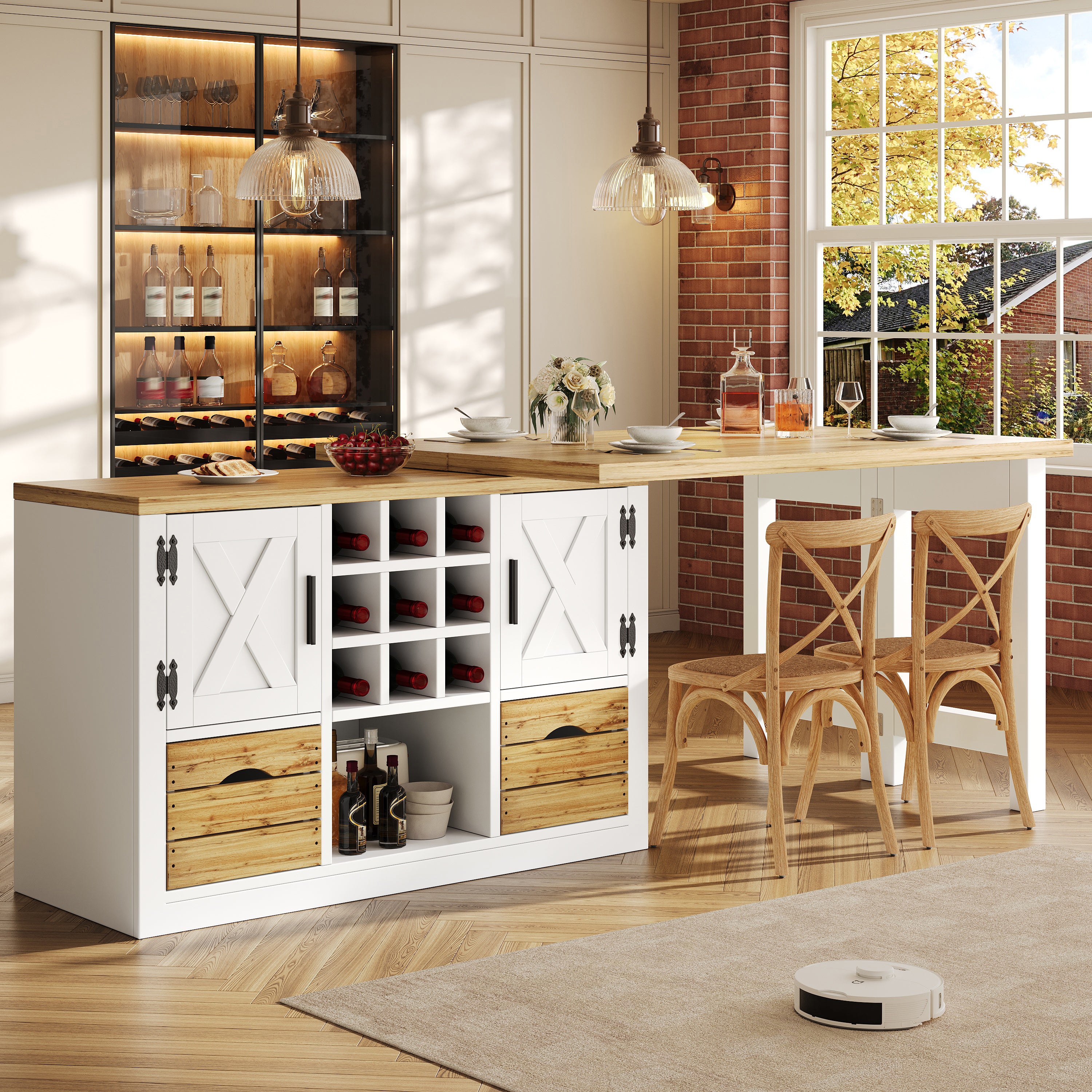 Extendable kitchen island dining table, Multifunctional dining table with sideboard, 360° rotating tabletop, extendable kitchen table with ample storage space, living room wall unit, white