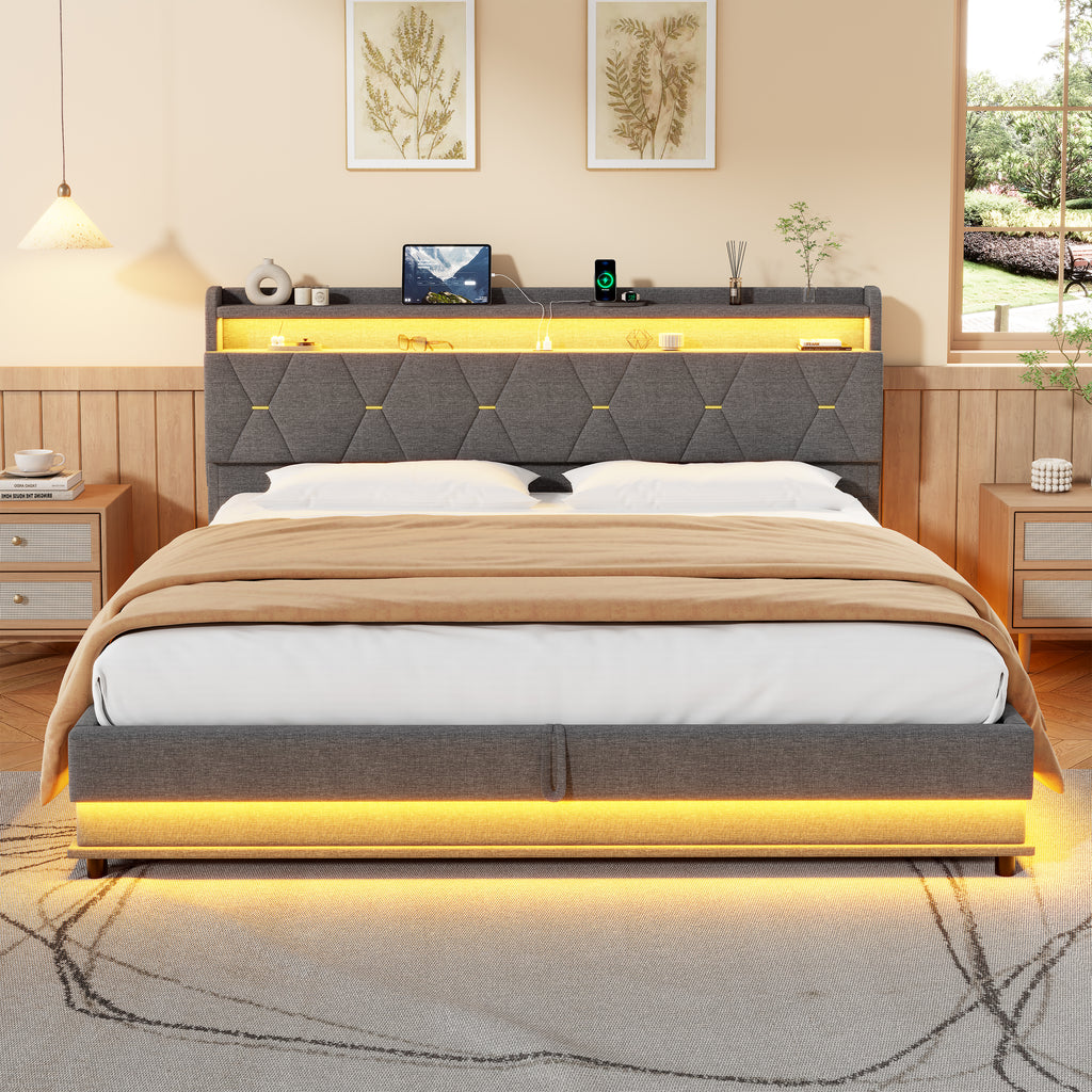 6ft Super King Upholstered Bed Frame with Hydraulic Storage,  LED Headboard with Charging Station and Concealed Headboard Storage, USB and Type - C Ports, Linen,  Grey (No Mattress)