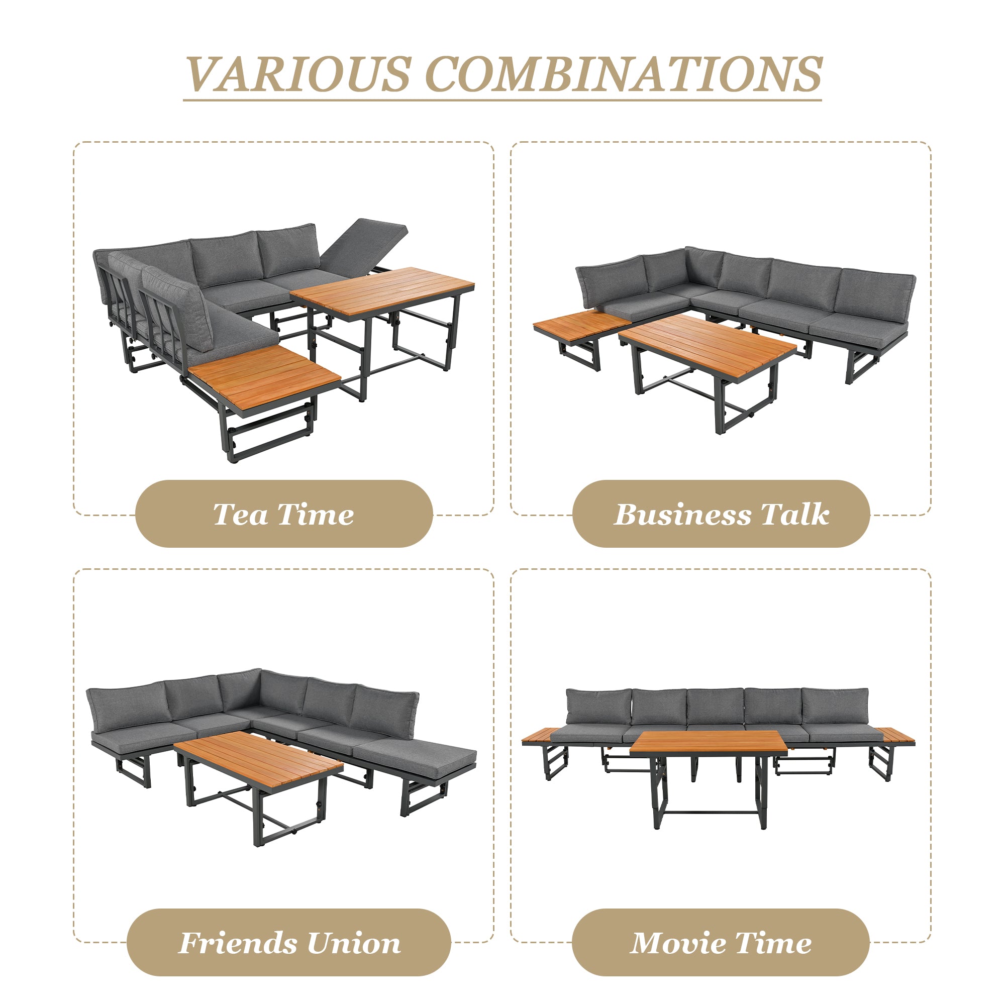Outdoor Garden Furniture Set With 2 Sofas and Table with Galvanised Iron Frame, Adjustable Backrests, Adjustable Table, Acacia Wood, Including All Seat Cushions and Pillows, Grey