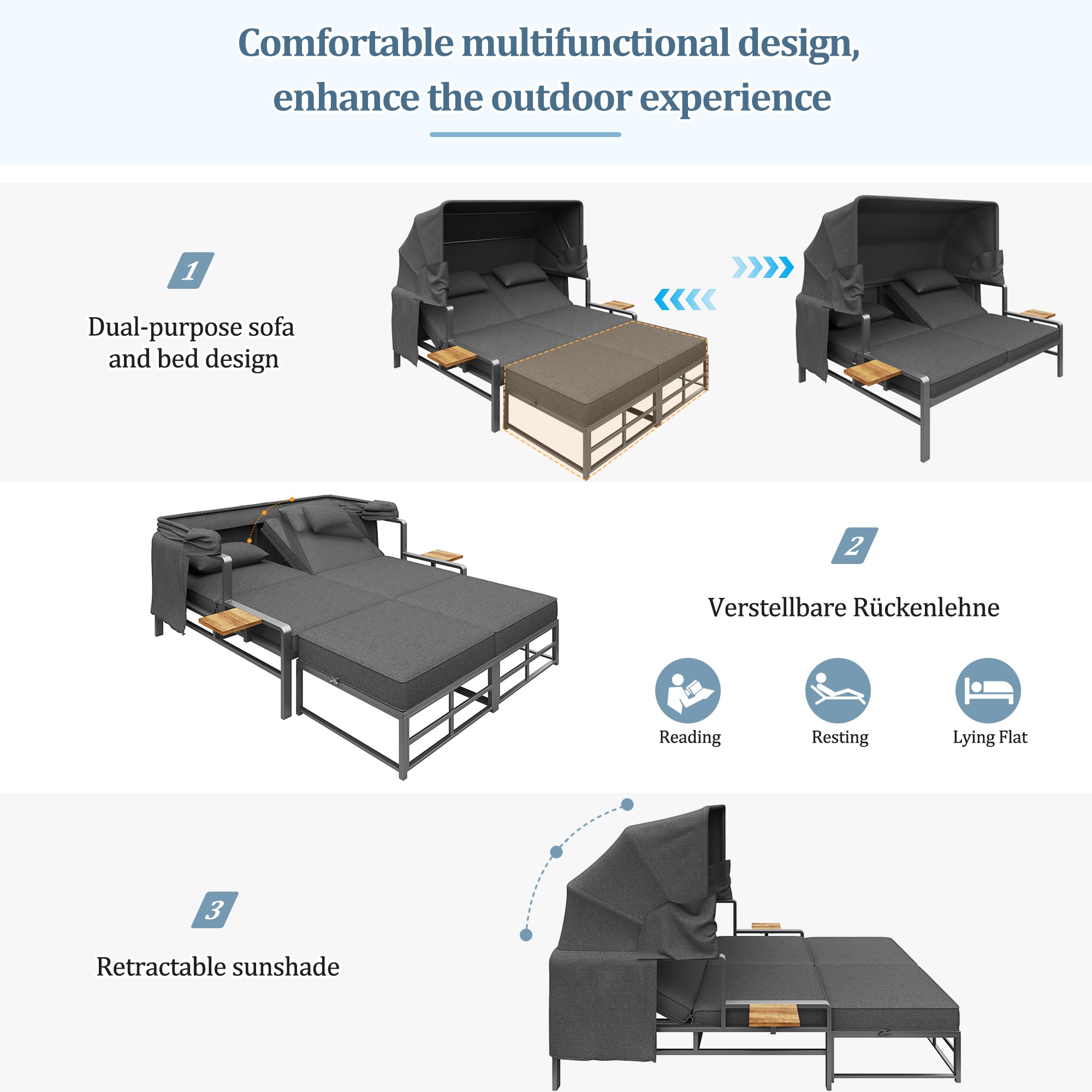 Garden lounge set for 2-4 people, sun lounger set, garden lounger for 2 people with foldable sunshade, outdoor sofa set, dining set for terrace, balcony, garden, indoor/outdoor use