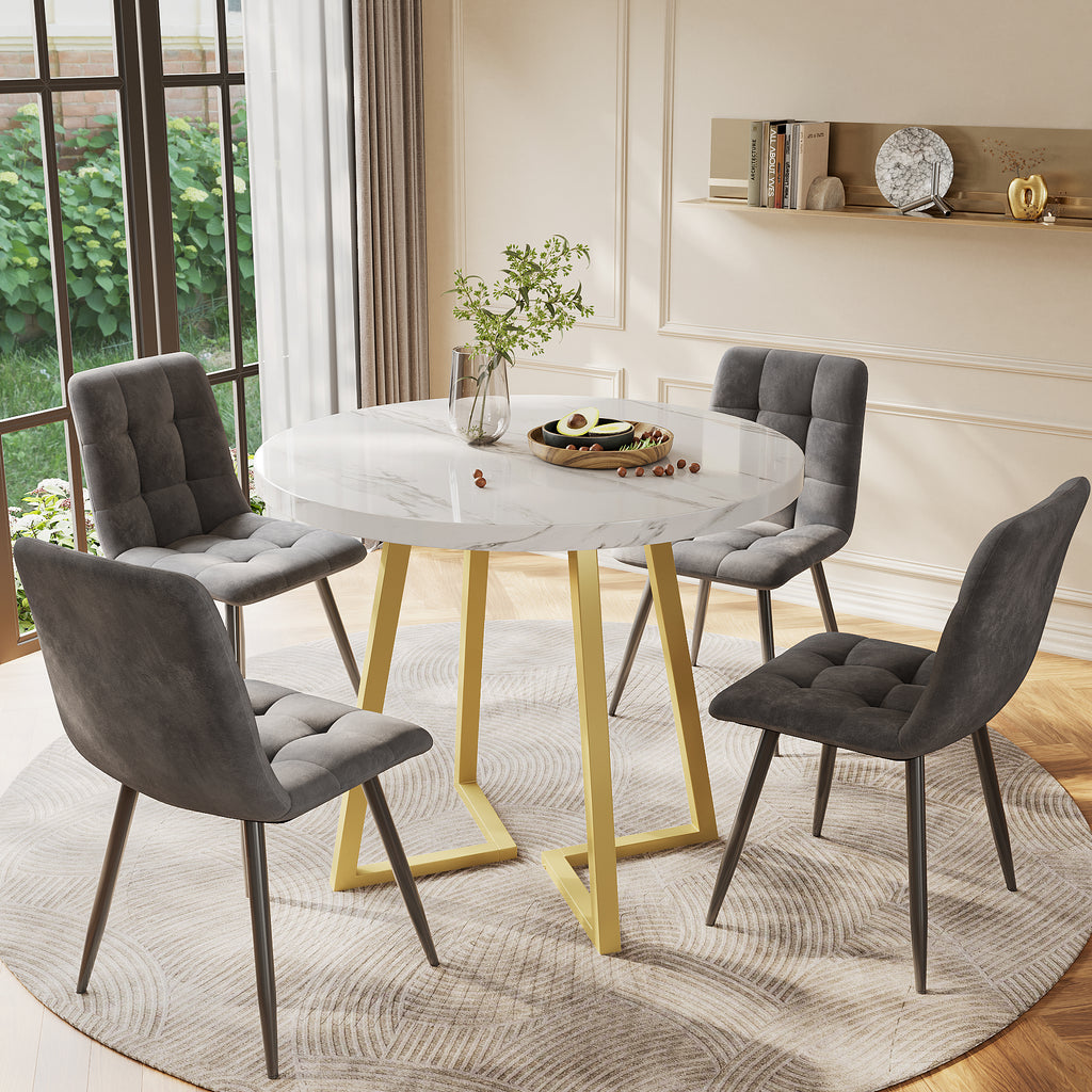 Dining Table Set (5 Pieces), Dining Table Set with 4 Chairs, Modern Kitchen Table Set, 80 cm Diameter Round Kitchen Table with Gold Metal Legs, White MDF Table Top, Dark Grey Velvet Dining Chairs