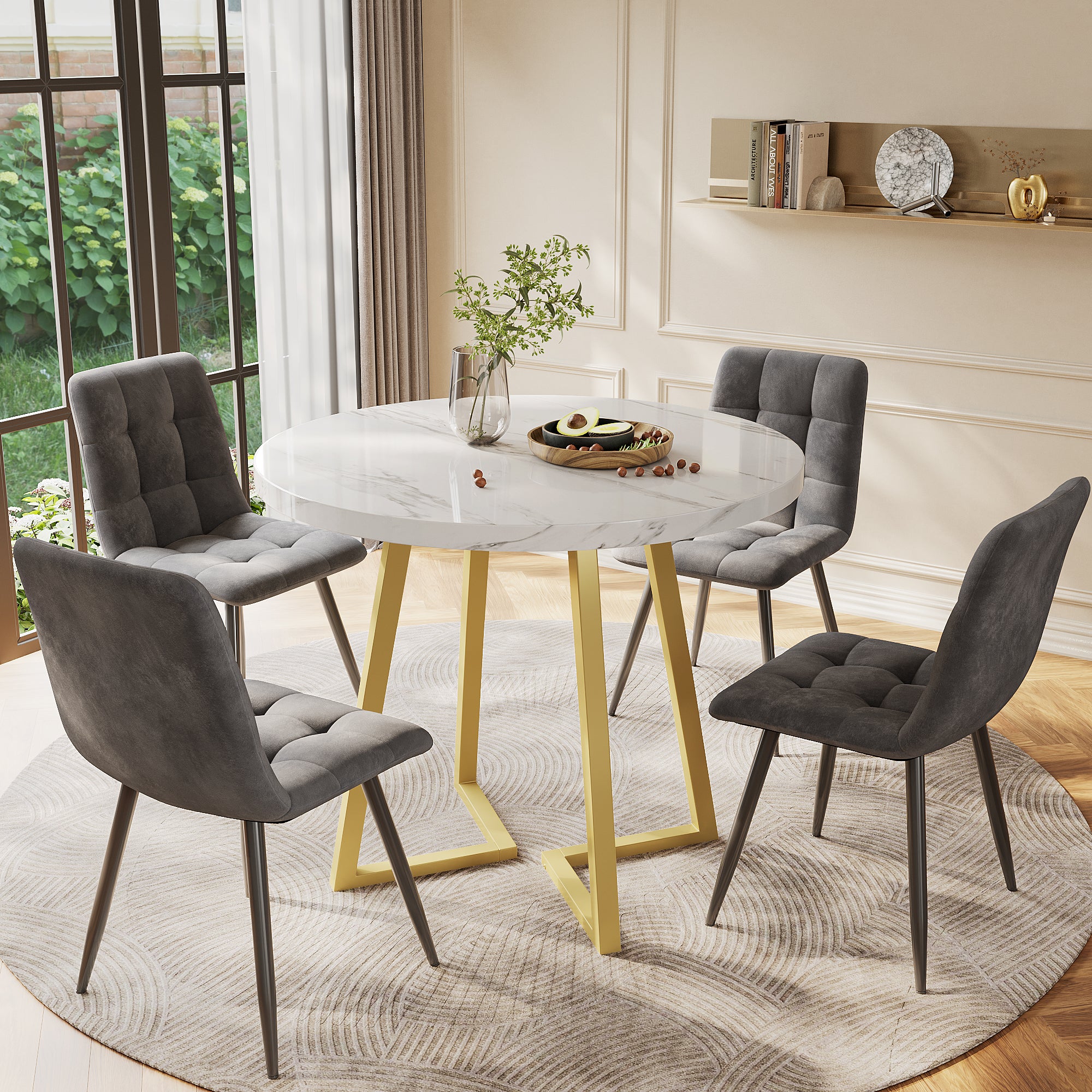 Dining Table Set (5 Pieces), Dining Table Set with 4 Chairs, Modern Kitchen Table Set, 80 cm Diameter Round Kitchen Table with Gold Metal Legs, White MDF Table Top, Dark Grey Velvet Dining Chairs