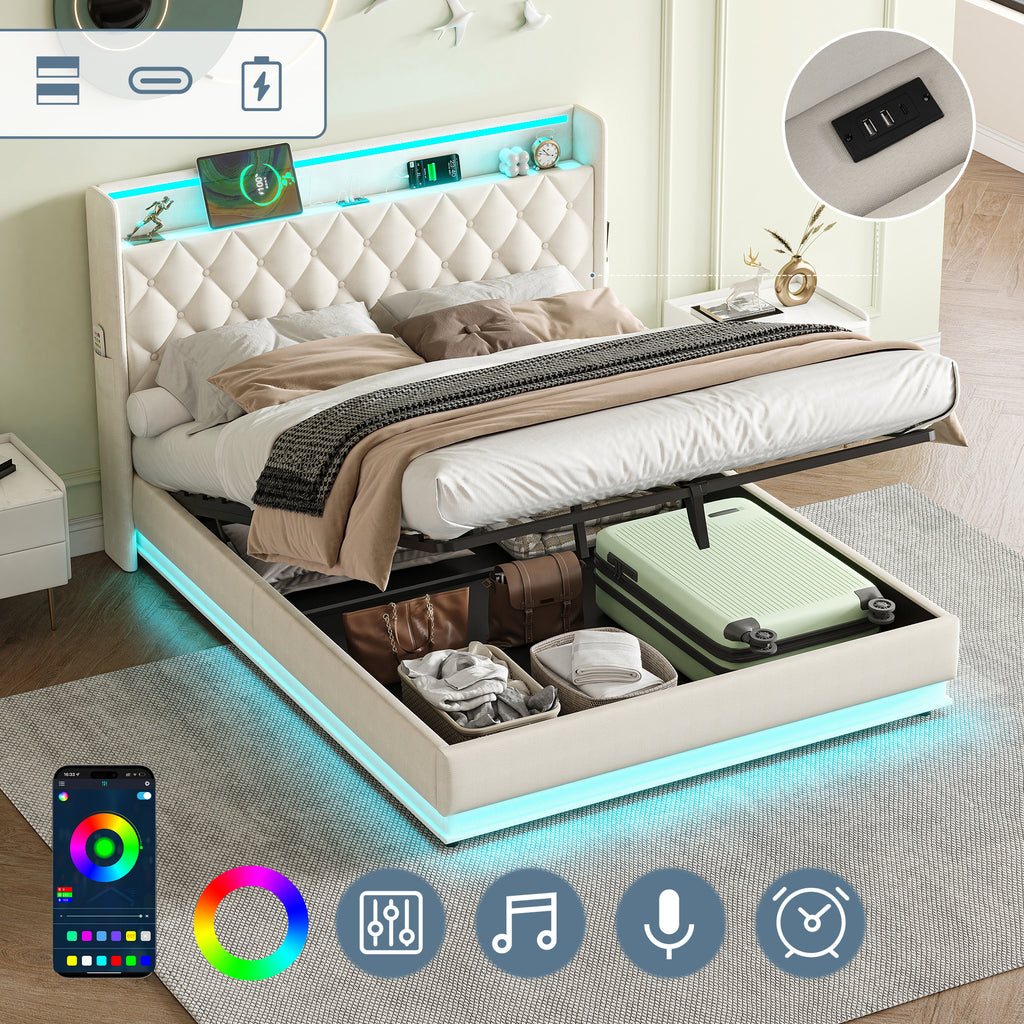 5ft King Upholstered Bed Frame with Hydraulic Storage, Linen Ottoman Bed with LED Lighting and Charging Station, LED Button Tufted Headboard with USB and Type - C Ports, No Box Spring Needed, Beige