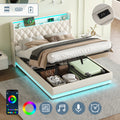 5ft King Upholstered Bed Frame with Hydraulic Storage, Linen Ottoman Bed with LED Lighting and Charging Station, LED Button Tufted Headboard with USB and Type - C Ports, No Box Spring Needed, Beige