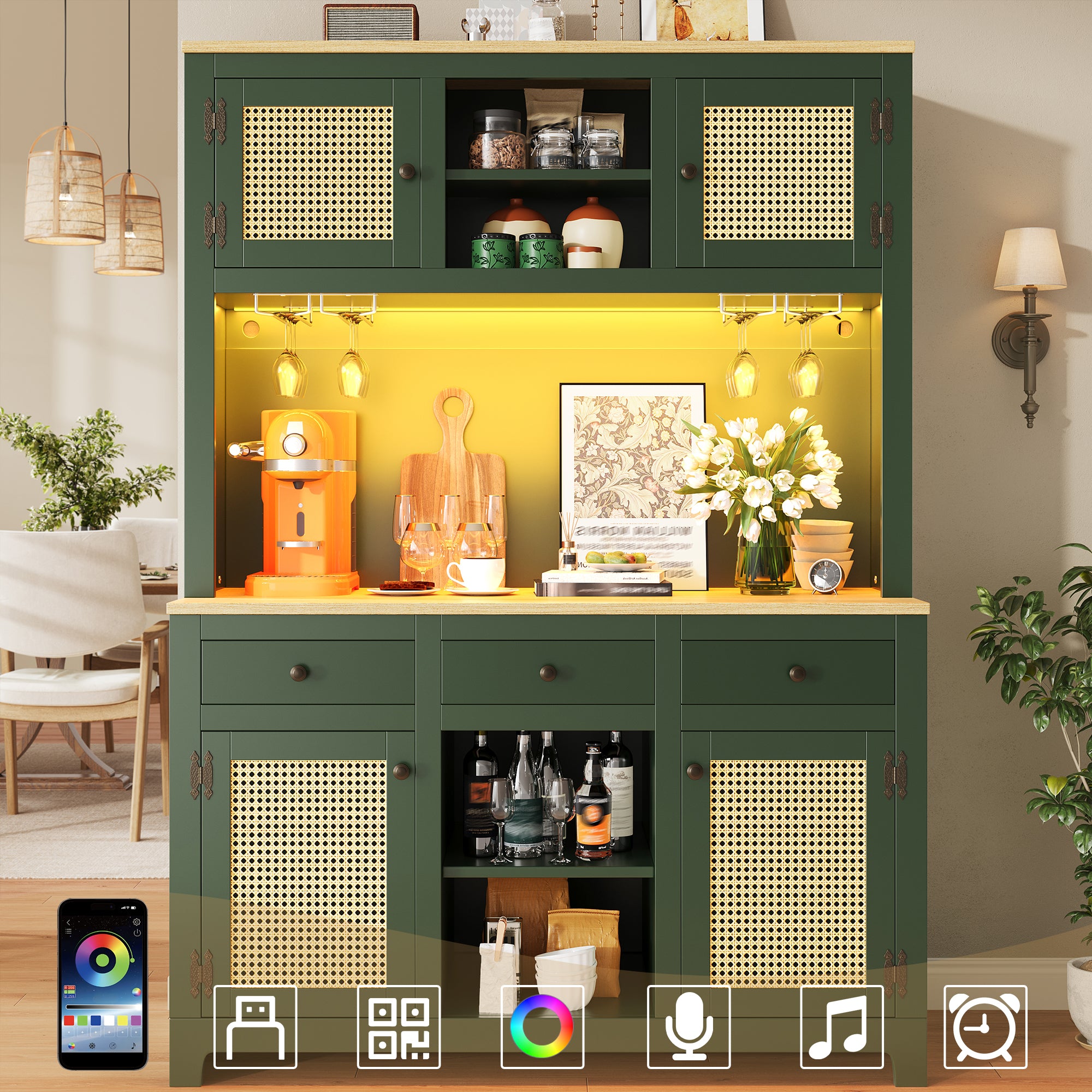 LED tall cabinet with lighting system, PE rattan cabinet with anti-tip device, large freestanding cabinet with adjustable shelves and drawers, vintage storage cabinet for kitchen, dining room