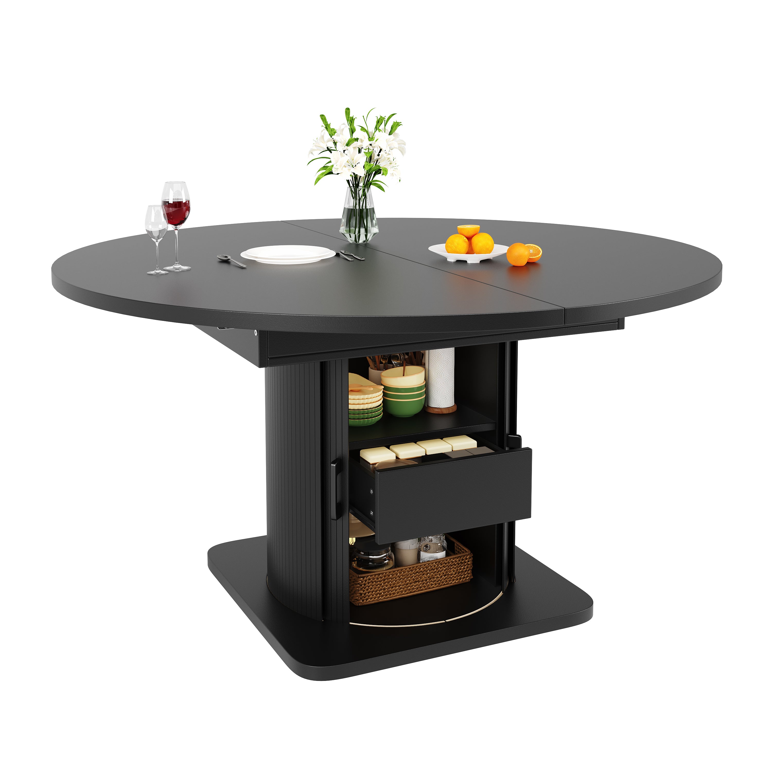 Extendable dining table, dining room table, kitchen table, round dining table, extends to oval, 118-158 cm, seats up to 6 people, dining table with drawers, black