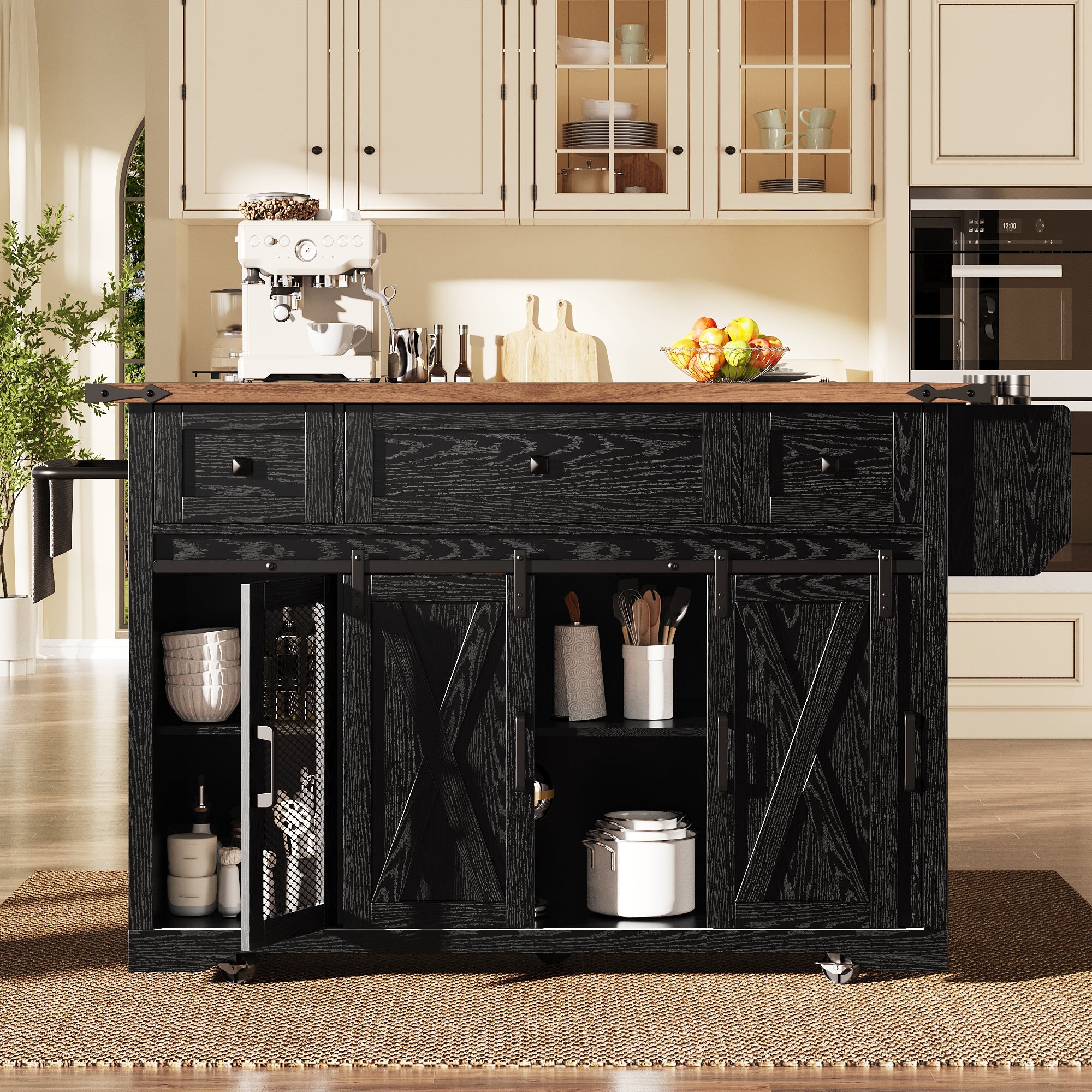 Kitchen island trolley with extendable worktop and power connection, 91cm working height, white/black, load capacity up to 75kg
