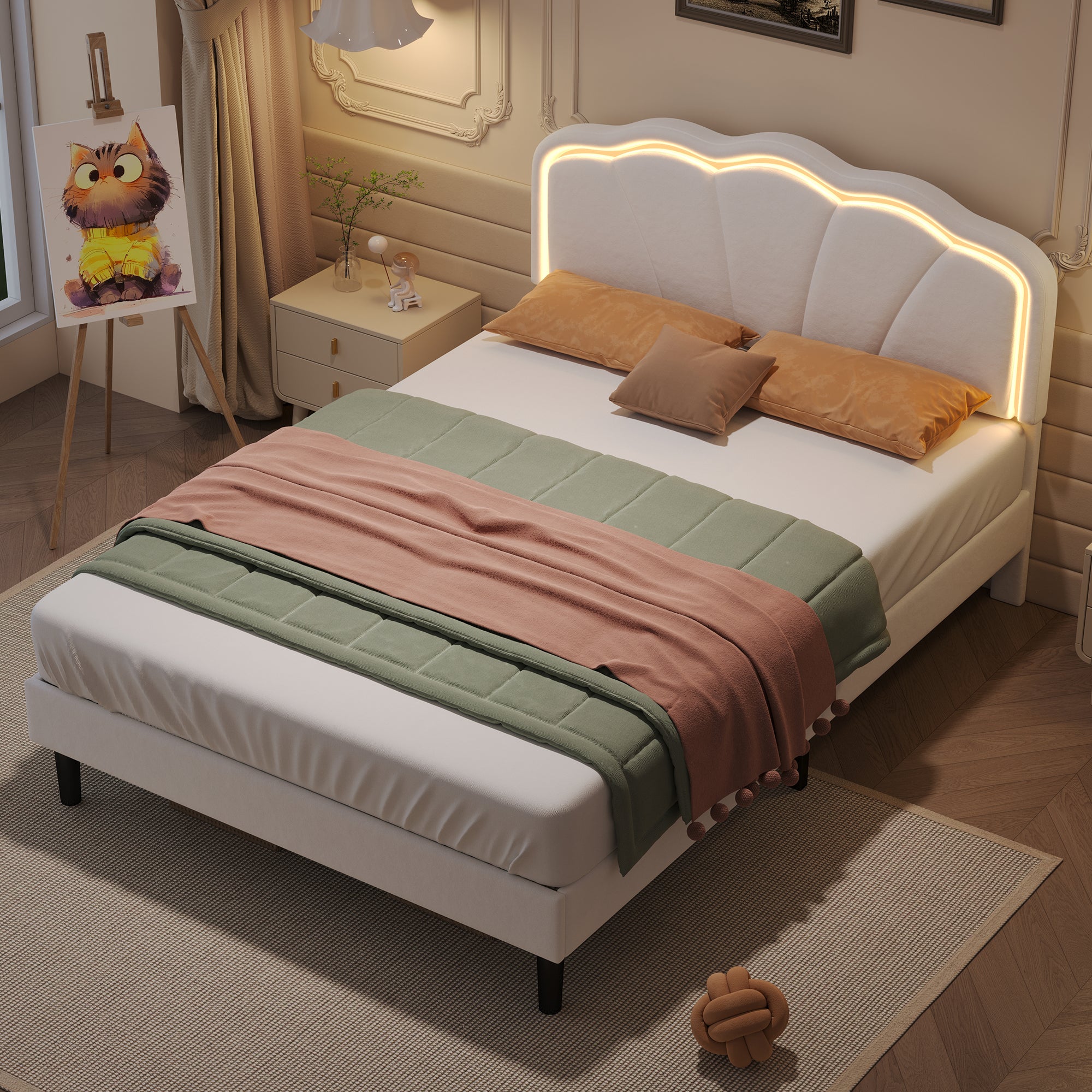 4ft6 Double Upholstered Bed with LED Adjustable Shell Shape Headboard, Soft Velvet Bed Frame with Solid Wood Slat, No Box Spring Needed, Easy Assembly, Cream White (No Mattress)