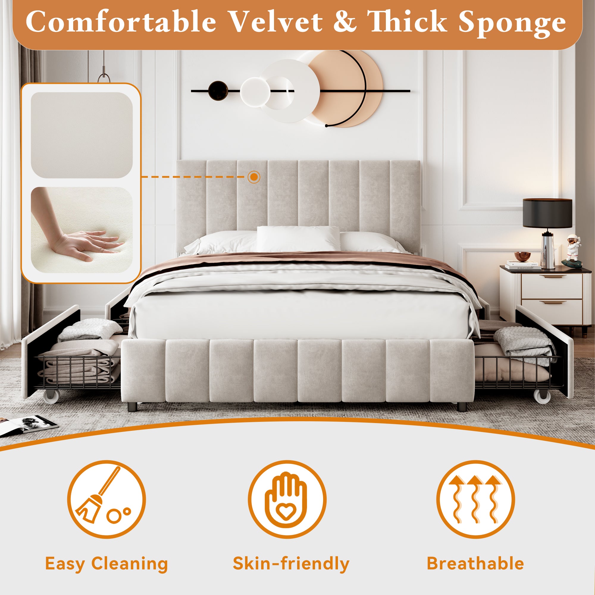 4ft6 Double Upholstered Bed with 4 Storage Drawers, Velvet Platform Bed Frame with Adjustable Channel Tufted Headboard, Metal-Wood Support, No Box Spring Needed, Easy Assembly, Beige (No Mattress)