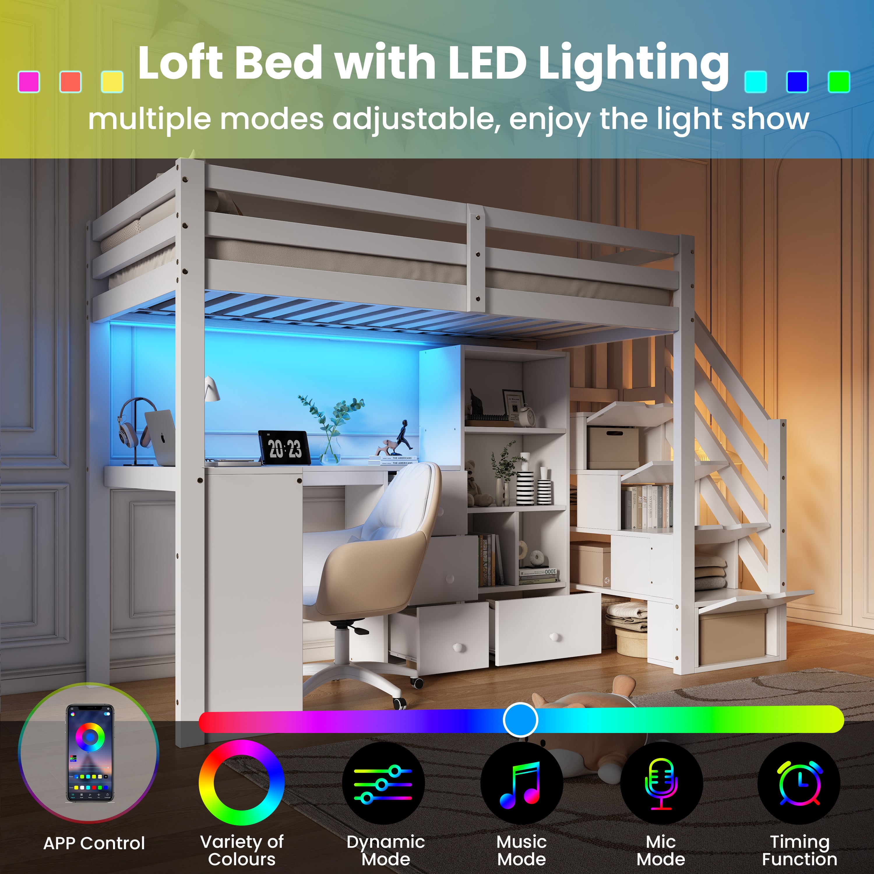 3ft Single Loft Bed with L-Shaped Desk & Storage Stairs, Wooden Bed Frame with Smart RGB LED Lights, Integrated Drawers & Individual Storage Locker, Modern Space-Saving Solution, White (No Mattress)