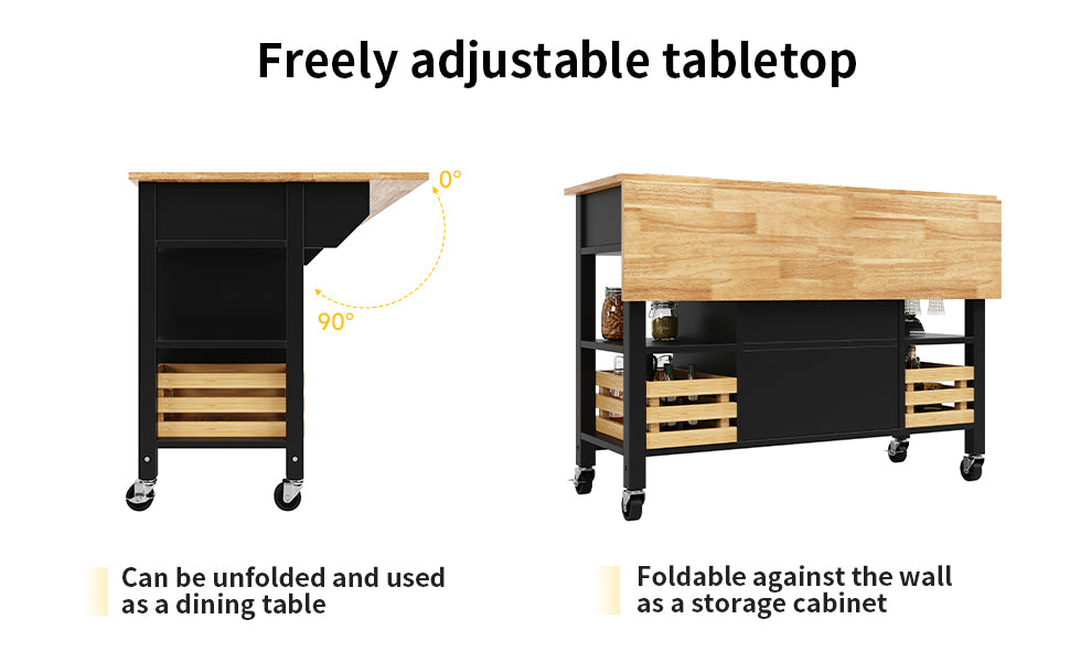 Rolling Kitchen Island Storage Trolley with Large Cabinet, 3 Drawers, Spice Rack, Adjustable Shelf, Dining Room Organiser Sideboard Cupboard Cabinet Cart, Black