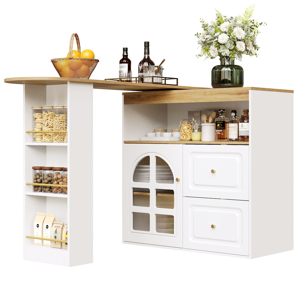 Rotating sideboard, suitable for bedrooms, living rooms, dining rooms, 2 drawers, snack shelf, open storage compartment, rotating sideboard cabinet with shelves and curved glass, white