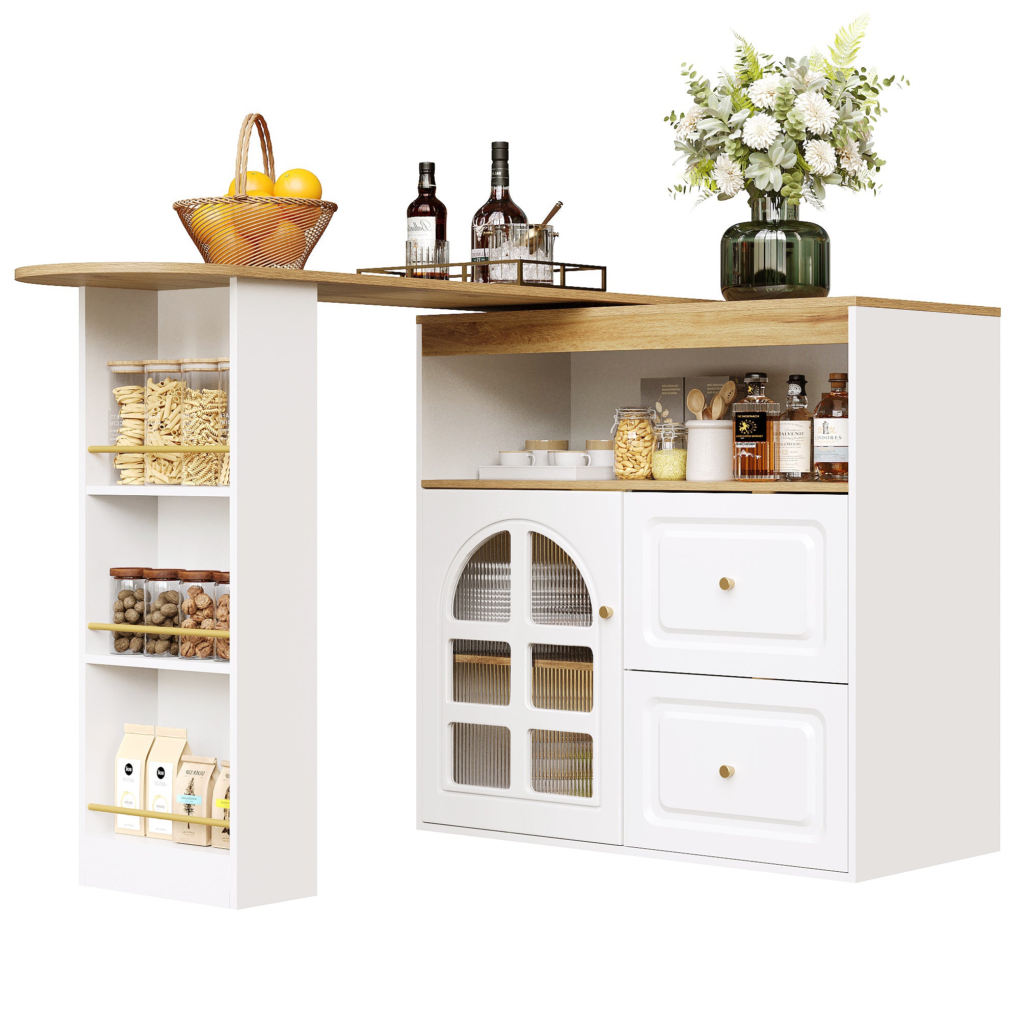 Rotating sideboard, suitable for bedrooms, living rooms, dining rooms, 2 drawers, snack shelf, open storage compartment, rotating sideboard cabinet with shelves and curved glass, white